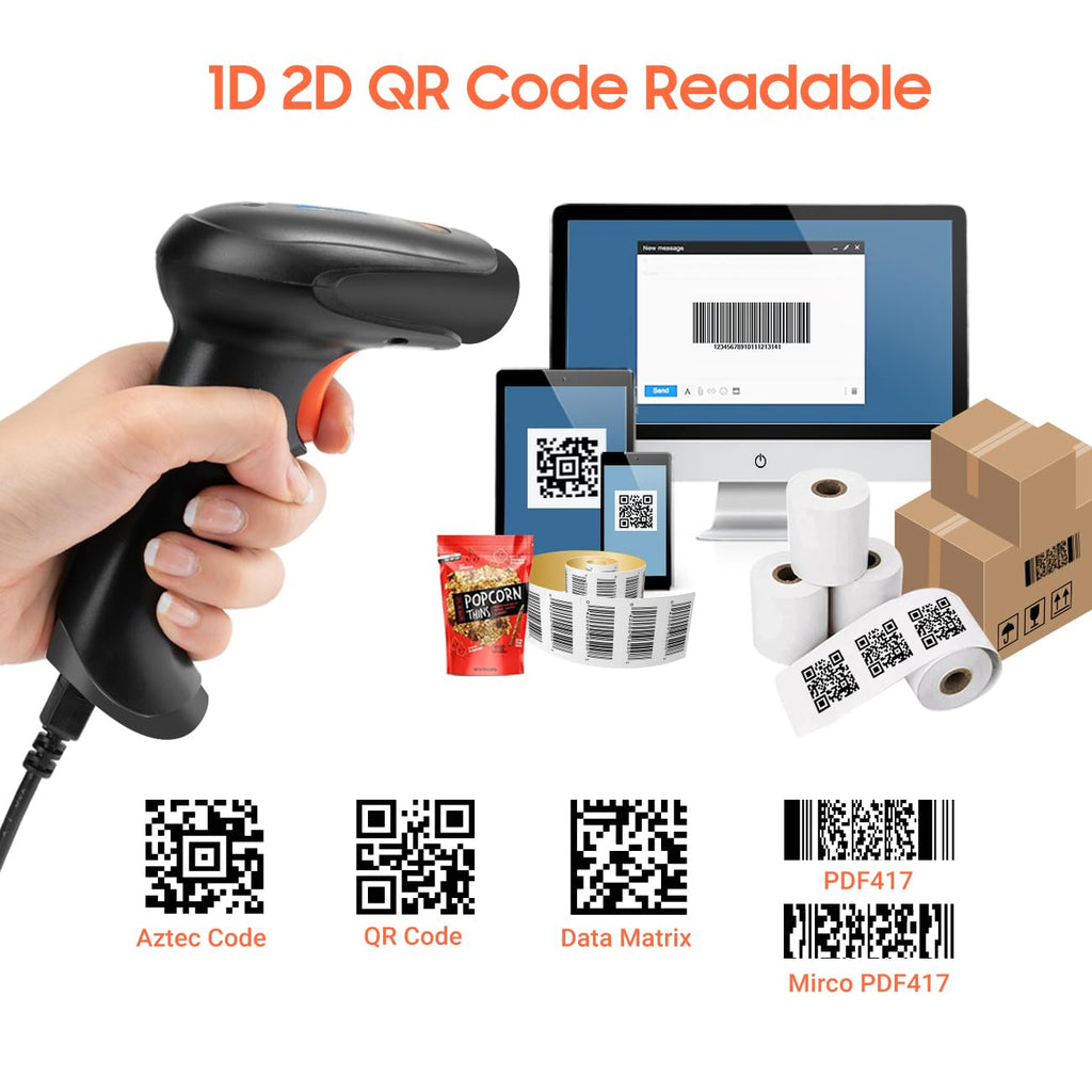 Tera Pro kabelloser 2D-Barcode-Scanner, Bluetooth, QR-Code-Leser mit Ständer, 2.200 mAh, schnelles und präzises Scannen, HW0002