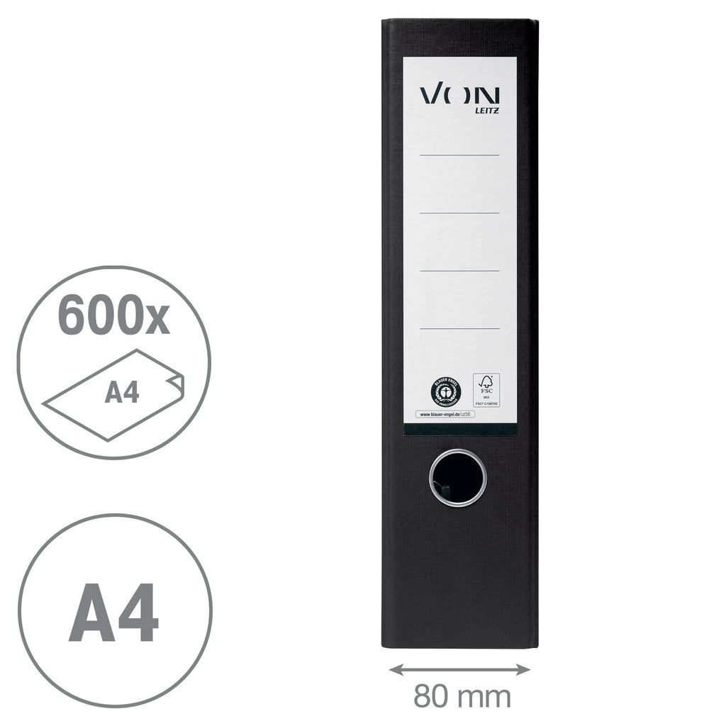 VON Leitz Ordner A4, 10er Pack, 100 % Recyclingpapier, 80 mm Rückenbreite, Für 600 Blatt, Blauer Engel & FSC-zertifiziert, Für Schule, Studium & Zuhause, Schwarz, 10530095