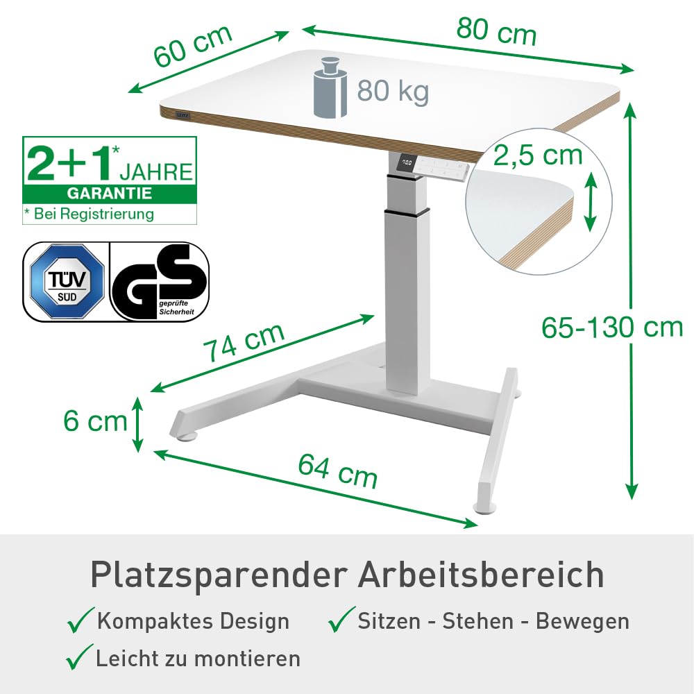 Leitz Ergo Elektrischer Sitz-/Steh-Schreibtisch, Kompaktes & höhenverstellbares Stehpult, Belastbar bis 80 kg, Mit Kabelführung, 80 x 60 cm, Für Büros & Home Office, Ergo-Serie, Weiß, 65340001
