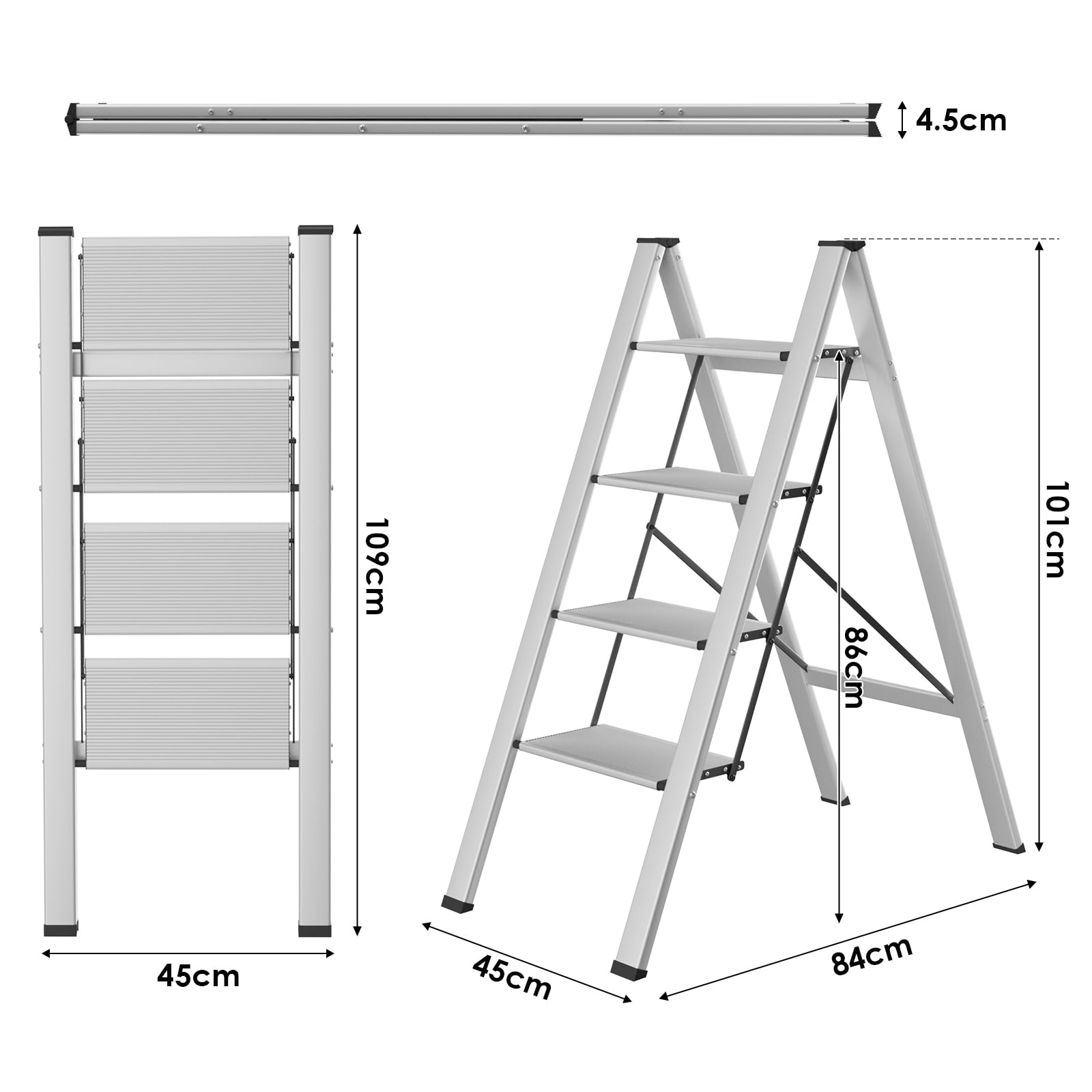 TLGREEN Alu Trittleiter 4-Stufen-Leiter Klappleiter Rostfeste rutschfeste Stehleiter Haushaltsleiter Multifunktionale Tritthocker Licht Platzsparend bis 150kg Belastbar für Küchen Haushalt Außen Büro