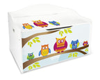 Leomark Kinderbank Hölzerne - Eulen XL - Kindertruhenbank, Behälter für Spielzeug, Truhe für Kinderzimmer, Kindermöbel, Sitzbank Höhe: 46 cm