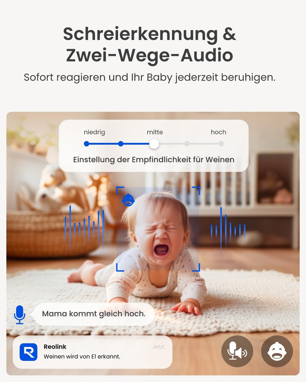 Reolink 2K Überwachungskamera Innen, 360°-Ansicht Indoor Kamera WLAN mit Auto-Tracking, Baby Monitor mit Personen-/Tier-/Weinen-Erkennung, 2,4 GHz Wi-Fi, Privatmodus, 2-Wege-Audio, E1 4MP