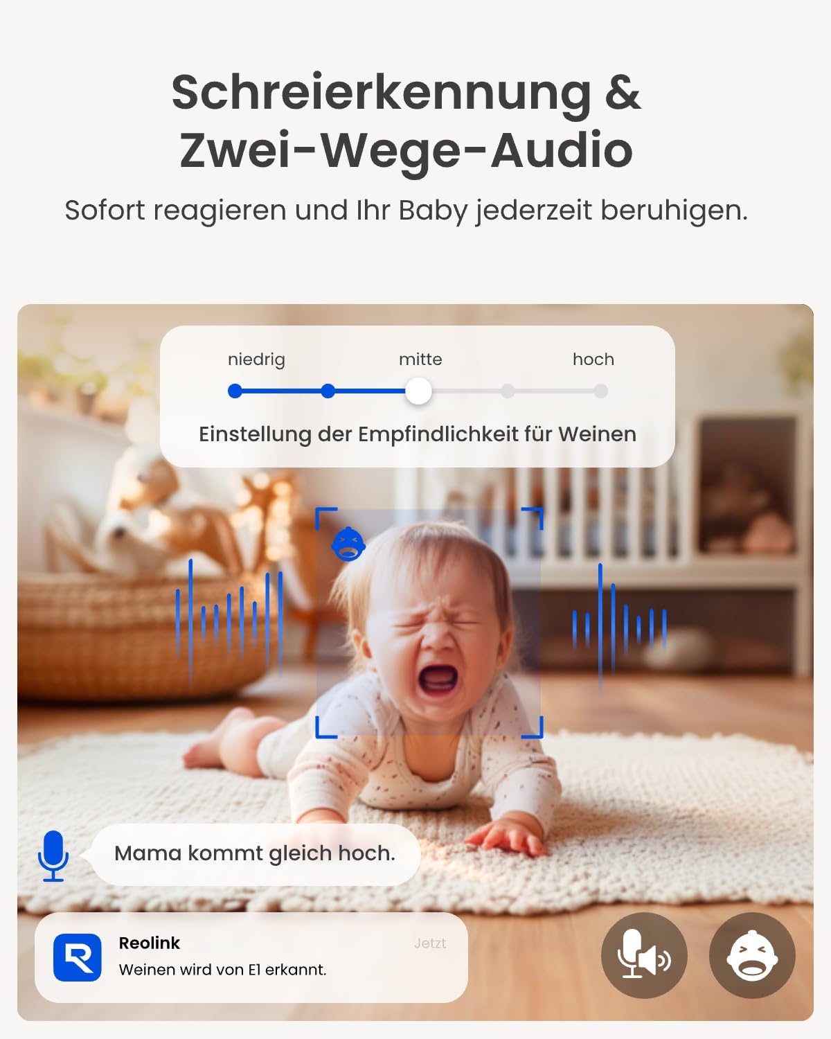 Reolink 2K Überwachungskamera Innen, 360°-Ansicht Indoor Kamera WLAN mit Auto-Tracking, Baby Monitor mit Personen-/Tier-/Weinen-Erkennung, 2,4 GHz Wi-Fi, Privatmodus, 2-Wege-Audio, E1 4MP