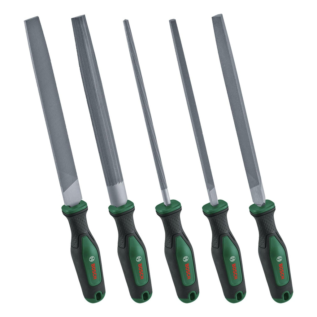 Bosch Feilen Set 5-teilig (Robustes Metallfeilen Set inkl. Rund-/Halbrund-/Flach-/Dreieck-/Vierkantfeilen; Harter Kohlenstoffstahl; Schaftlänge 200mm; Mittlerer Hieb 2; Ergonomischer Softgrip)