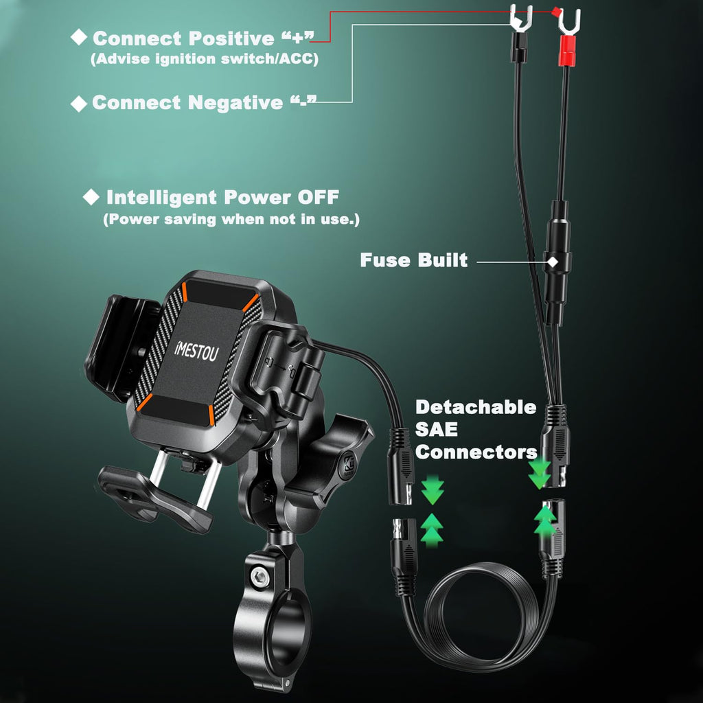 iMESTOU Kabellose USB-C Handyhalterung für Motorrad, Vibrationsdämpfend und Wasserdicht, 2,5 cm Kugel Qi Handyhalterung, Geeignet für 4,7"-7,2" mit max. 15mm Dicke Handys, Passend für 22–32 mm Lenker