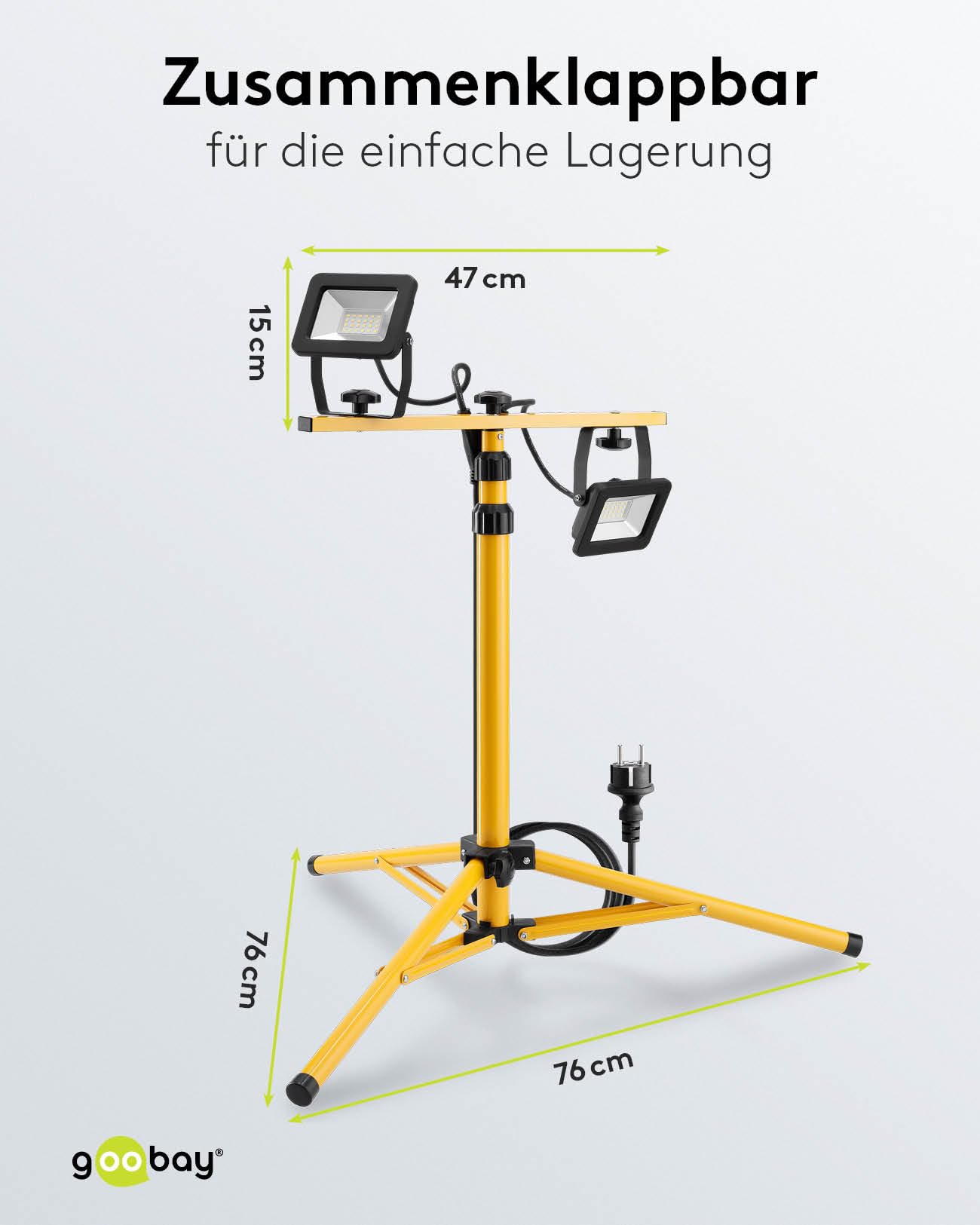 Goobay 57845 LED Baustrahler auf Teleskopstativ 2 x 20W / 3400lm / Neutral-Weiß Licht – 4000K / Für Innen- & Außenbereich – IP65 / Schwarz/Gelb