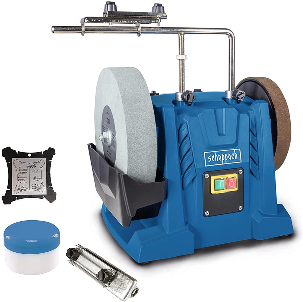 Scheppach Nass-Schleifsystem Tiger 7000s (Nass-Schleifmaschine mit 200W Induktions-Motor, Edelkorund Schleifstein 250 x 50 mm 220 Körnung | inkl. Universalvorrichtung | Abziehpaste & Winkellehre