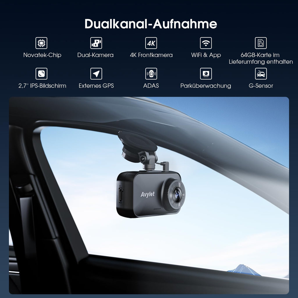 Avylet 4K/2.5K+1080P Dashcam Auto Vorne Hinten, 5GHz WiFi/APP Dual Kamera mit 64GB Card, ADAS Spurhalteassistent, Parküberwachung, externem GPS, Super Nachtsicht, WDR, G-Sensor, 170°+150° Weitwinkel