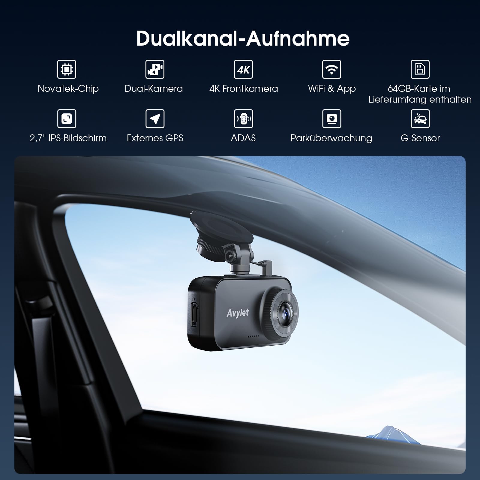 Avylet 4K/2.5K+1080P Dashcam Auto Vorne Hinten, 5GHz WiFi/APP Dual Kamera mit 64GB Card, ADAS Spurhalteassistent, Parküberwachung, externem GPS, Super Nachtsicht, WDR, G-Sensor, 170°+150° Weitwinkel