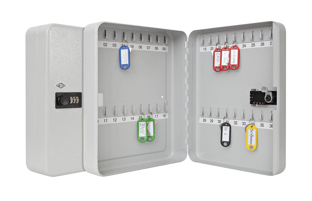 Wedo 10243637 Schlüsselschrank für 36 Schlüssel 3-Stelliges Zahlenschloss, individuell einstellbar 24, 3 x 9, 4 x 30, 0 cm, Pulverbeschichtetes Stahlblech, inkl. Befestigung, lichtgrau