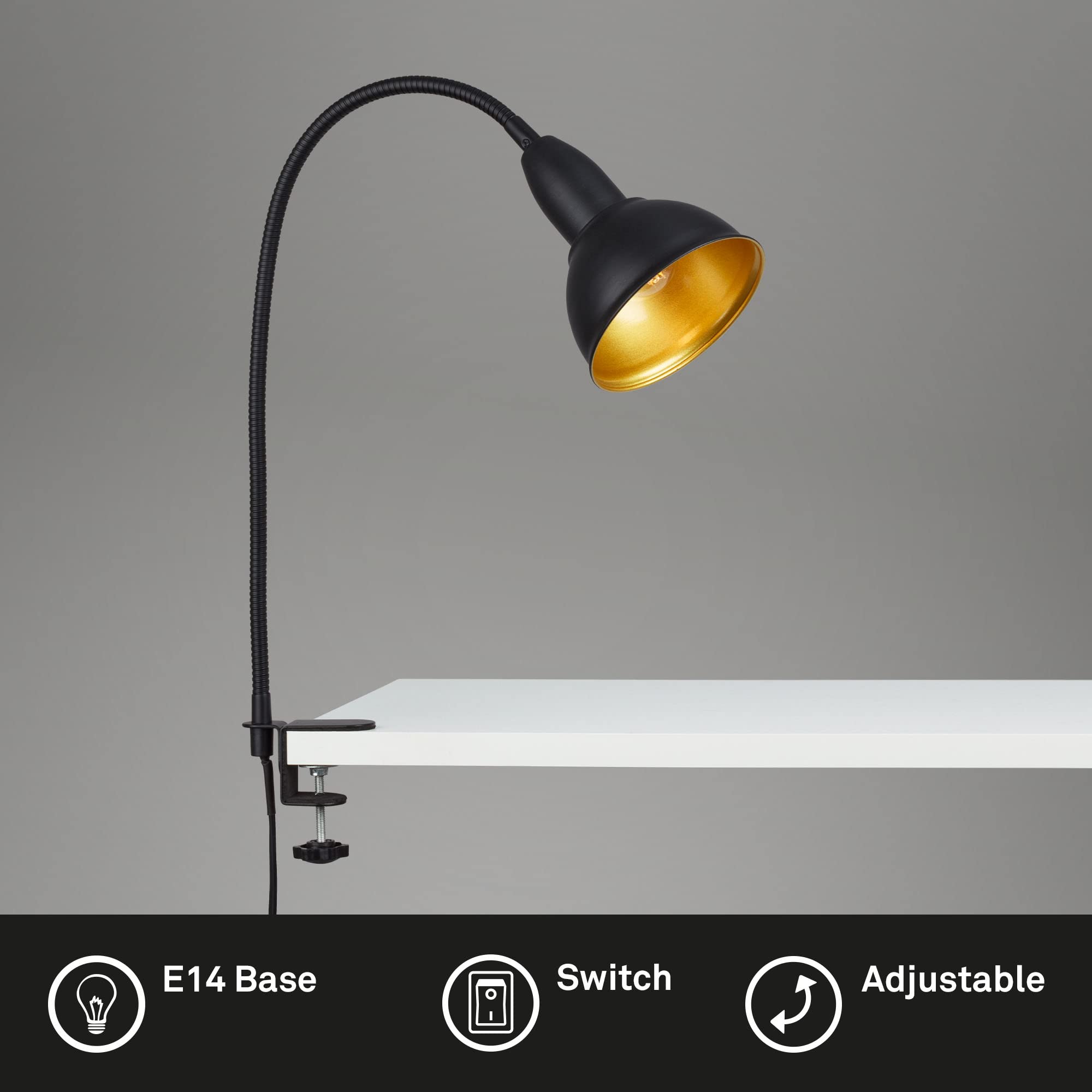 BRILONER - Retro Klemmleuchte, Leselampe inkl. Flexarm, inkl. An- Ausschalter, Schwenkbar, 1x E14, max. 25 Watt, Bürolampe, Schlafzimmerlampe, Kinderzimmer, Leseleuchte, Metall, Schwarz-Gold