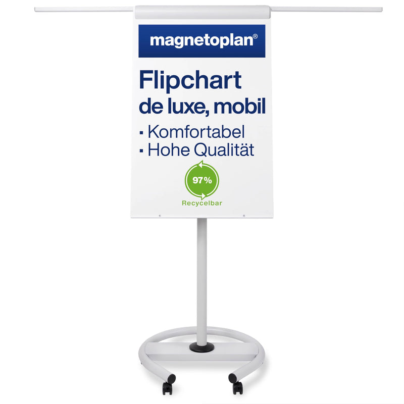 magnetoplan Flipchart De Luxe, mobil | Höhenverstellbar bis 2,0 m | 2 Seitenarme für 3-fache Präsentationsfläche | Mobil mit Rollen | Vollstahlkonstruktion Weiß/Lichtgrau | Schreibfläche 680x1043mm