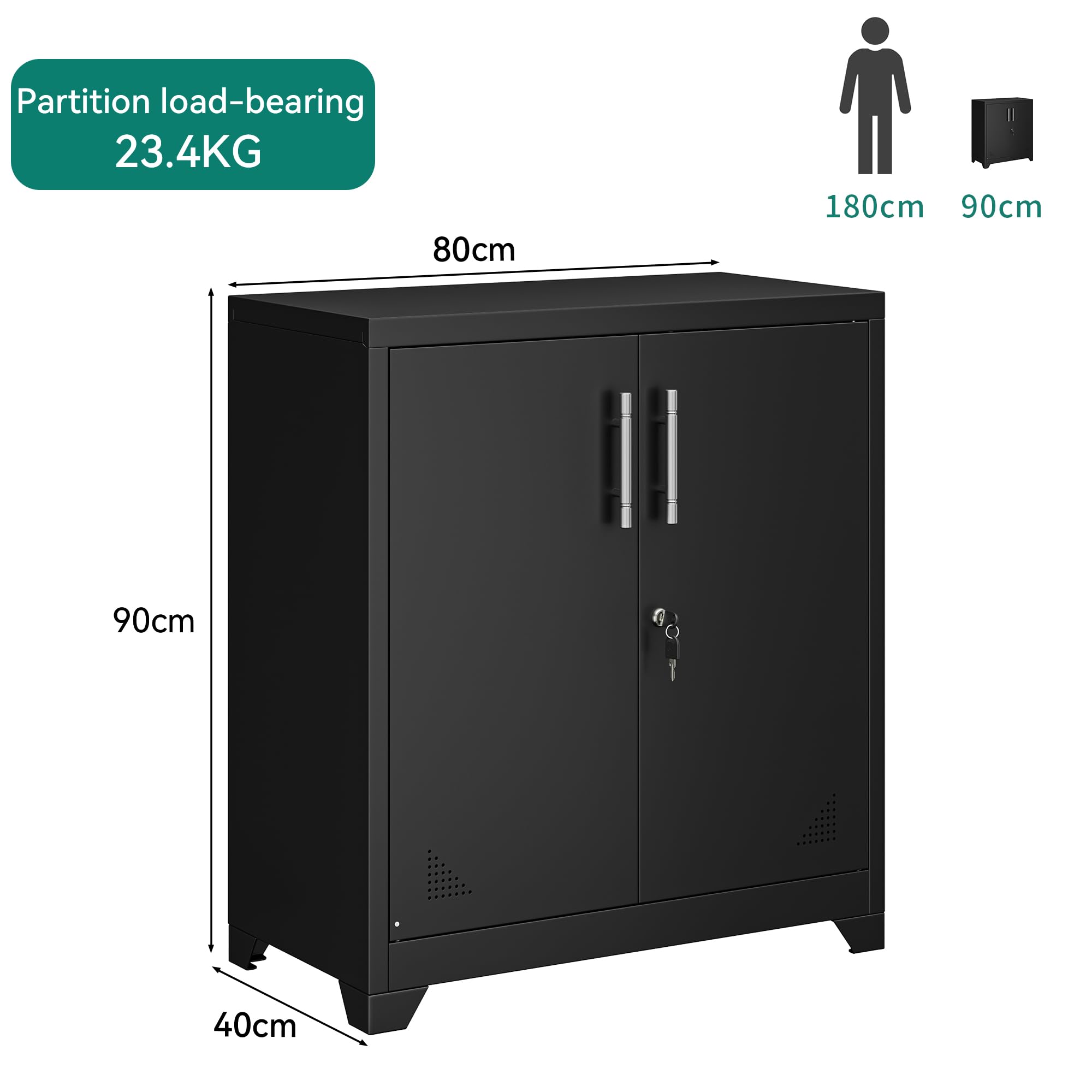 YITAHOME Aktenschrank Abschließbar, Metallschrank mit 2 Verstellbare Einlegeböden, Büroschrank Stahlschrank mit Belüftungslöcher für Arbeitszimmer Büro Garage Schule, Schwarz, 80 x 40 x 90cm