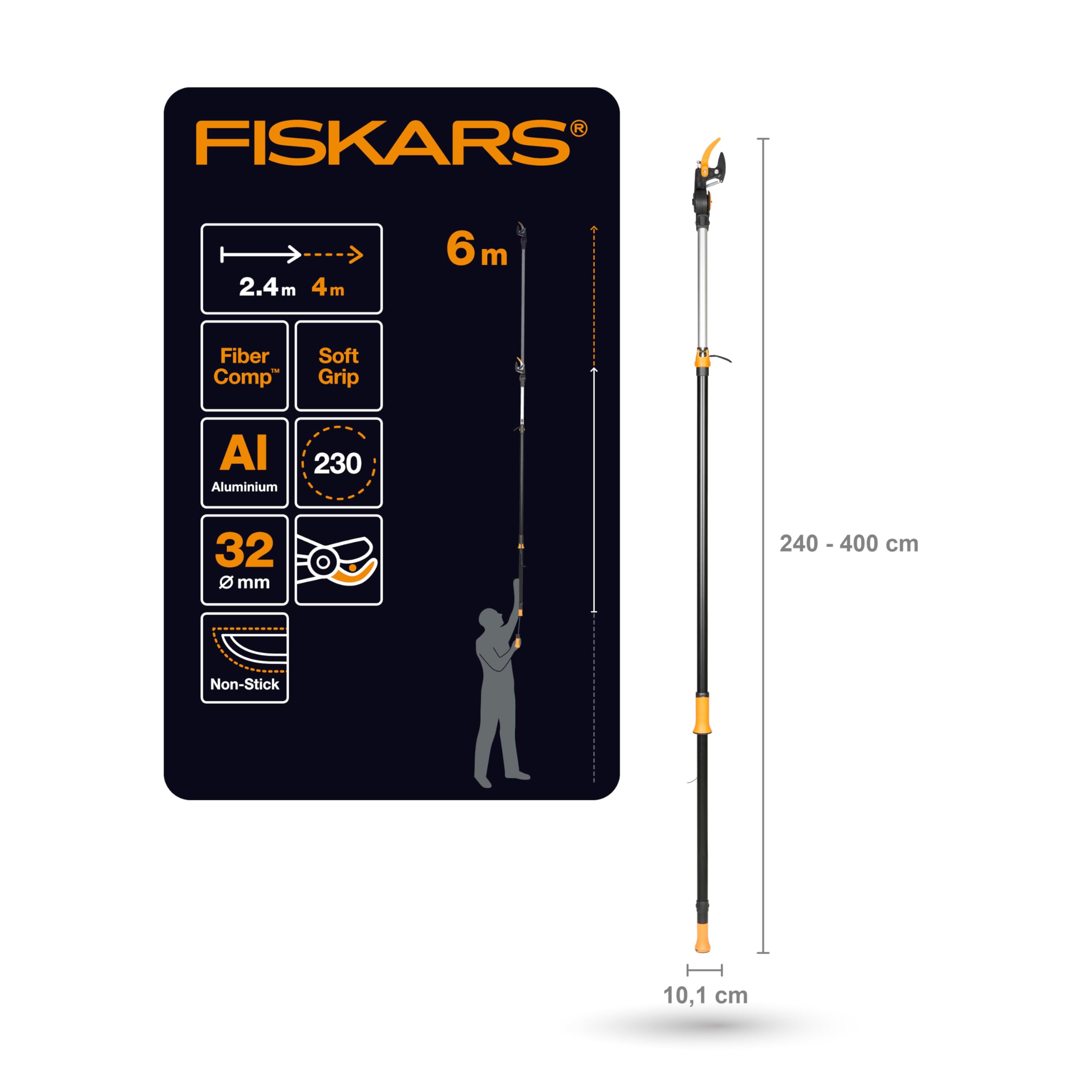 Fiskars Bypass Teleskop-Schneidgiraffe für frische Äste und Zweige, Antihaftbeschichtet, Stahlklinge/Aluminiumstiel, Länge 2,4 – 4 m, Schwarz/Orange, UPX86, 1023624