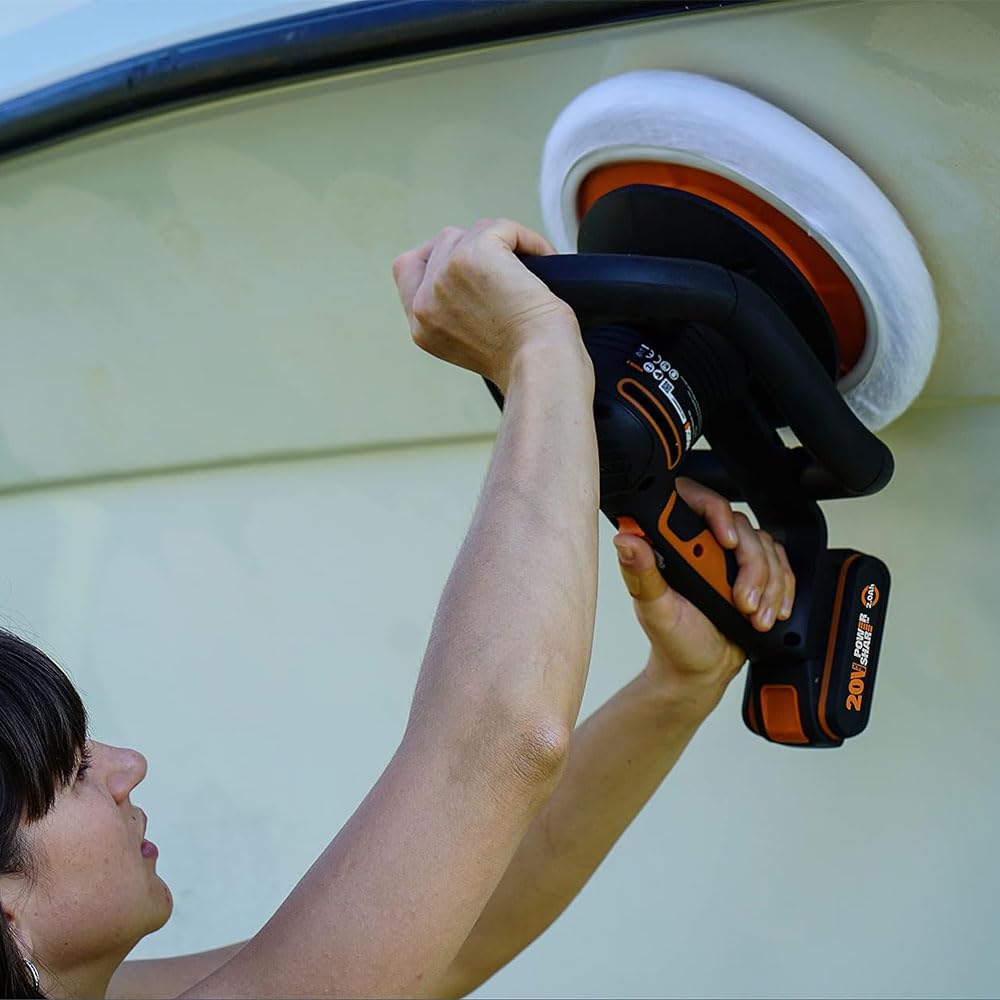 WORX Akku-Poliermaschine 20V WX856.9 – Elektrische Poliermaschine zum Polieren im Innen- und Außenbereich – Ohne Akku & Ladegerät – inkl. Auftrags- & Polierhaube – PowerShare universal kompatibel