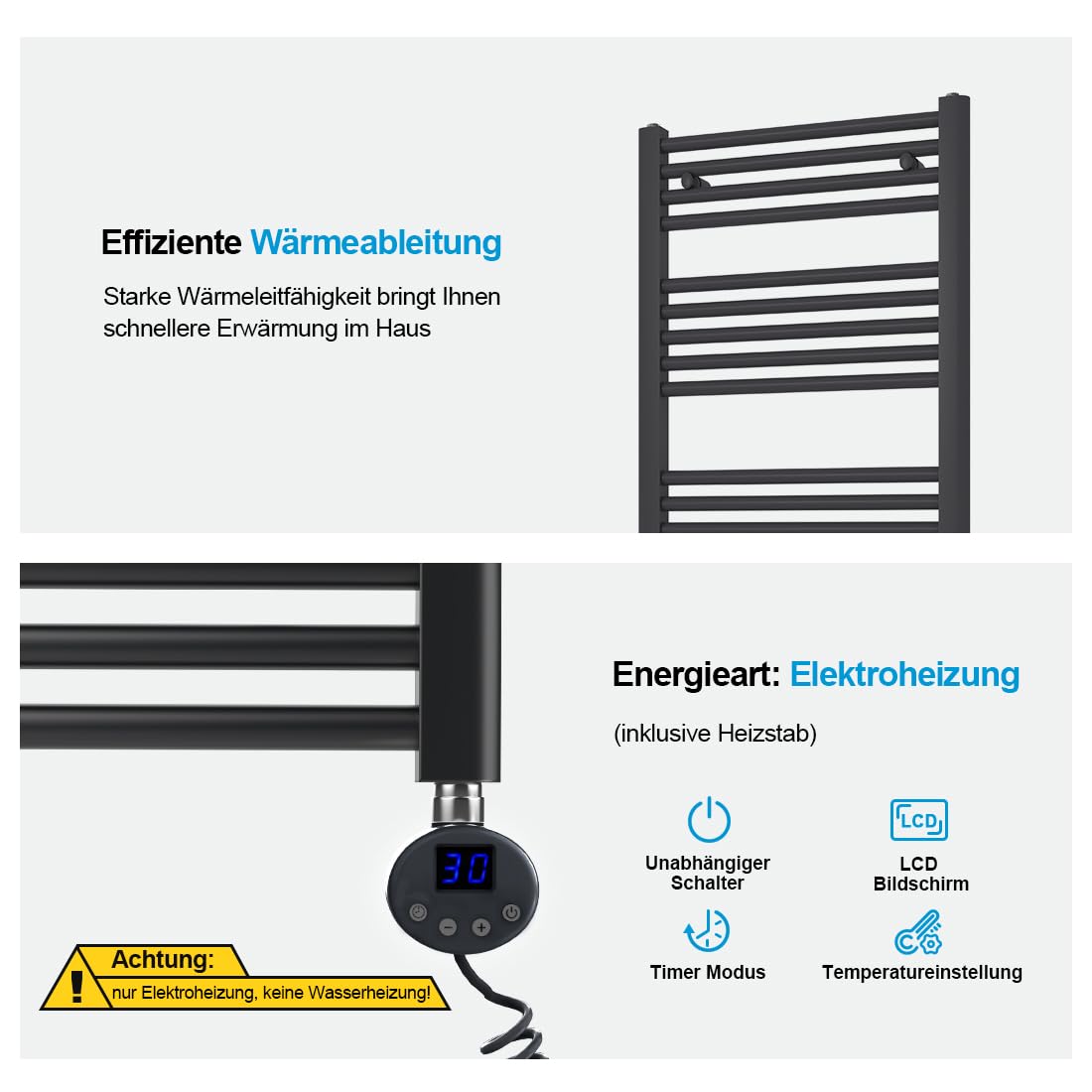 Heilmetz Badheizkörper Elektrisch 100x60cm Handtuchwärmer mit Digitalem Thermostat mit Timer-Funktion Gerade Handtuchtrockner Anthrazit 500W