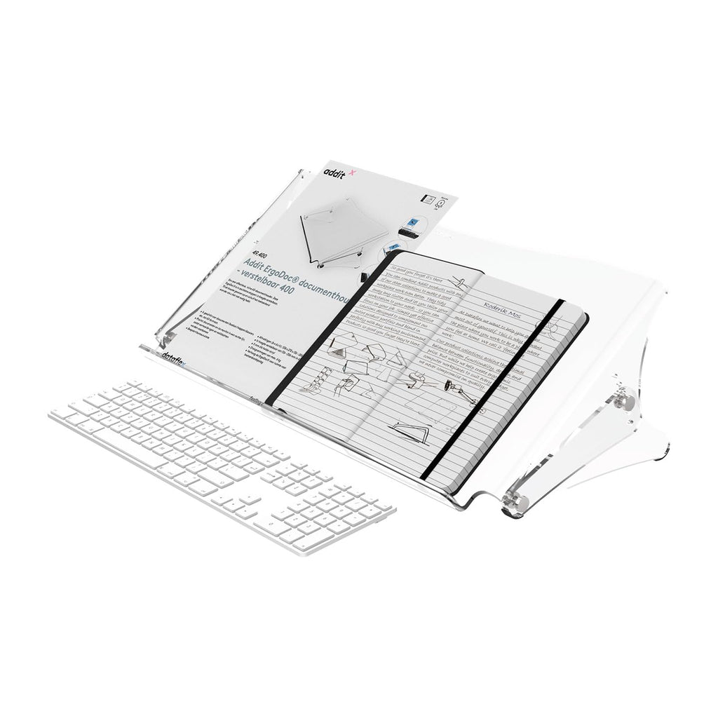 Dataflex Addit ErgoDoc® Dokumentenhalter - Verstellbar 400, Klarer Acryl, Dokumentenhalter auch geeignet für Bücher, Ordner bis A3, Verstellbar, Tragkraft 6kg, Ablagefläche für Tastatur
