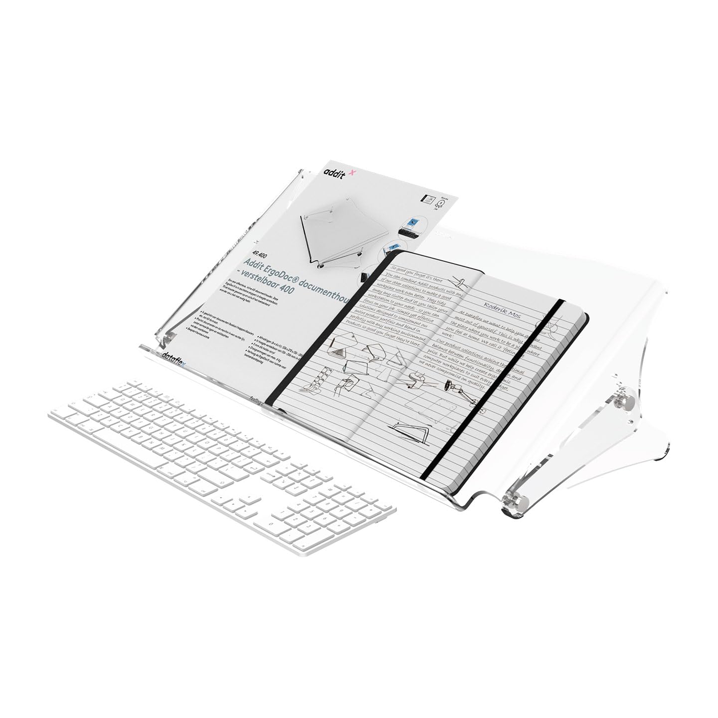 Dataflex Addit ErgoDoc® Dokumentenhalter - Verstellbar 400, Klarer Acryl, Dokumentenhalter auch geeignet für Bücher, Ordner bis A3, Verstellbar, Tragkraft 6kg, Ablagefläche für Tastatur