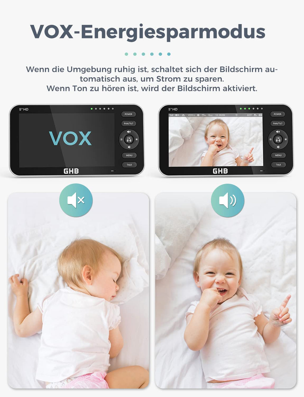 GHB Babyphone mit Kamera 5 Zoll 720P HD Display mit bis zu 168h Akkulaufzeit im VOX Schlafmodus Gegensprechen Nachtsicht und Temperaturanzeige