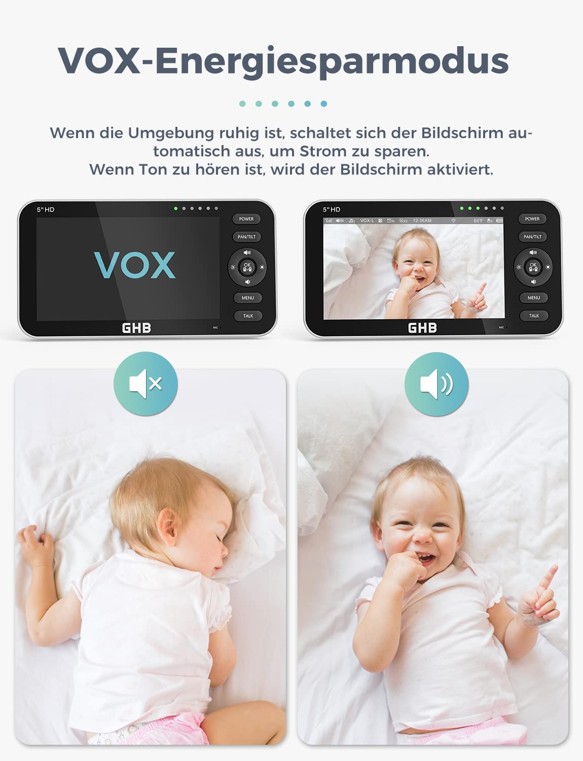 GHB Babyphone mit Kamera 5 Zoll 720P HD Display mit bis zu 168h Akkulaufzeit im VOX Schlafmodus Gegensprechen Nachtsicht und Temperaturanzeige