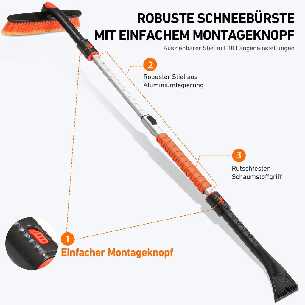 AstroAI Eiskratzer Auto mit Besen 120CM Lang Ausziehbarer Schneebesen Abnehmbarer Eisschaber mit Schaumstoffgriff & 360 ° Drehbarer Bürstenkopf für Auto LKW PKW SUV