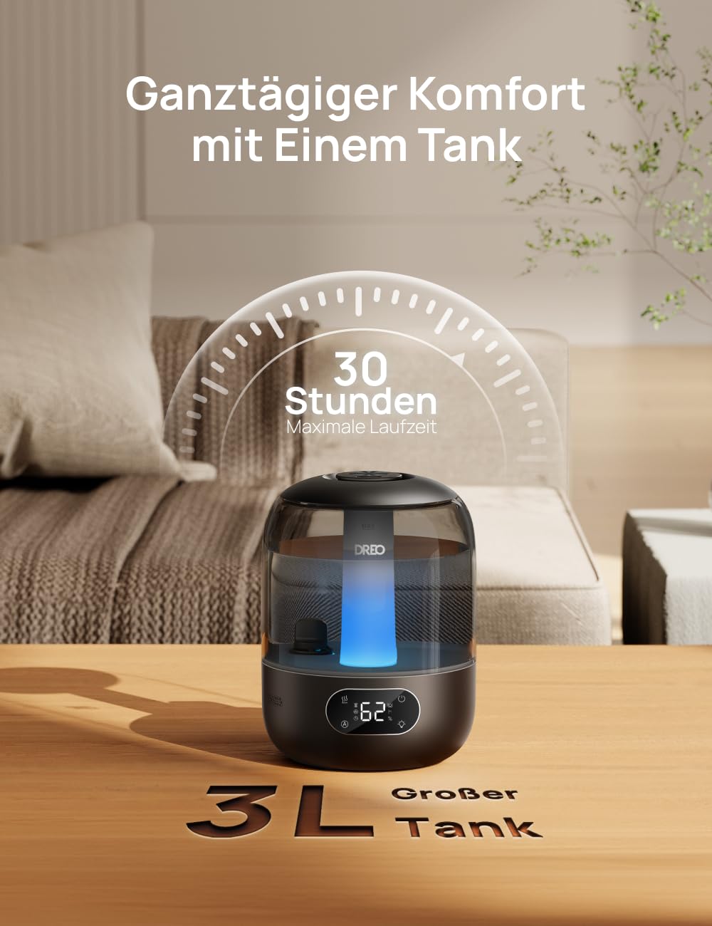 Dreo Luftbefeuchter für das Schlafzimmer, Kaltnebel-Ultraschallgerät mit 30 Stunden Laufzeit, 3L Top-Fill-Tank, Feuchtigkeitssensor, Nachtlicht für Babys, Kinderzimmer, für Pflanzen und Zuhause