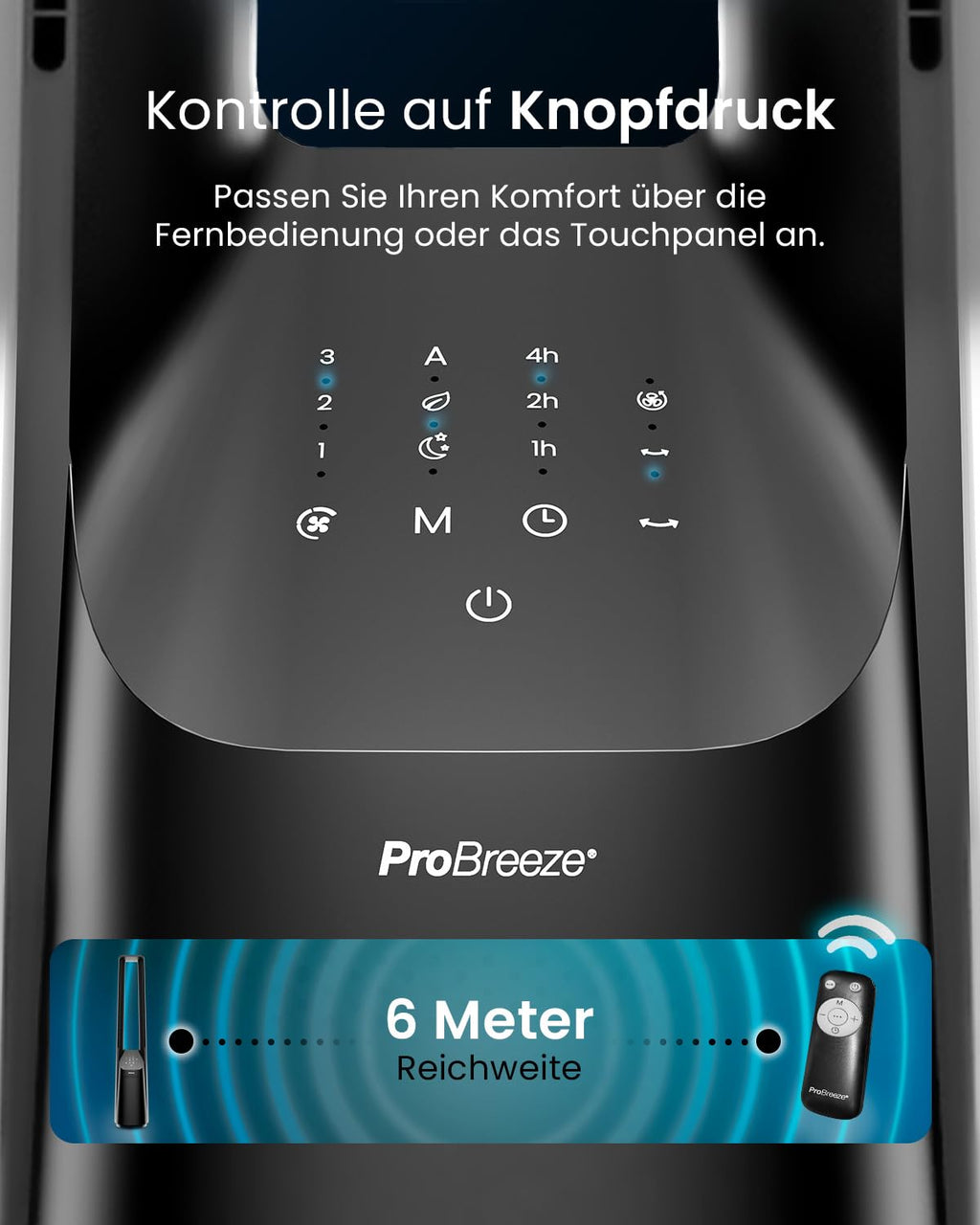 Pro Breeze 101cm rotorloser Ventilator - Ventilator oszillierend mit Fernbedienung, LED Display, 6 Geschwindigkeiten - Turmventilator sehr leise, 5 Betriebsmodi, Auto 60° Oszillation, 7h Timer
