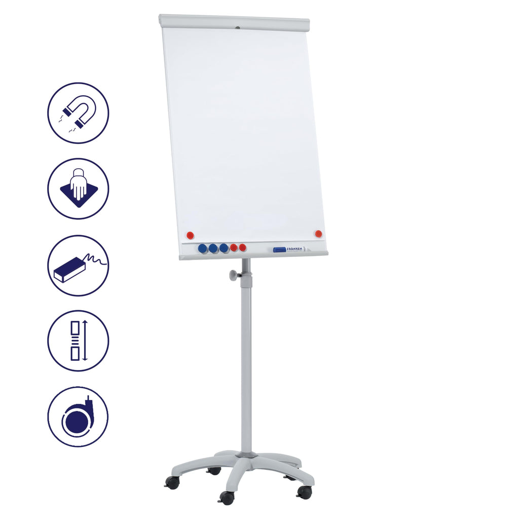 FRANKEN Flipchart, Beschreibbar, Magnetisch, Mobil, Mit Rollen, Whiteboard mit Ständer, Papierhalterung und Stifteablage, 68 x 105 cm, X-tra!Line Mobil, EL-FC31