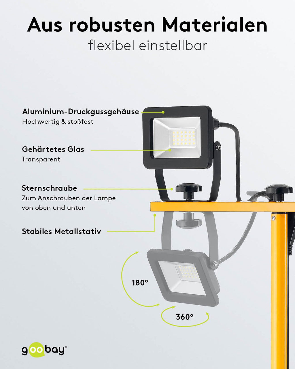Goobay 57845 LED Baustrahler auf Teleskopstativ 2 x 20W / 3400lm / Neutral-Weiß Licht – 4000K / Für Innen- & Außenbereich – IP65 / Schwarz/Gelb