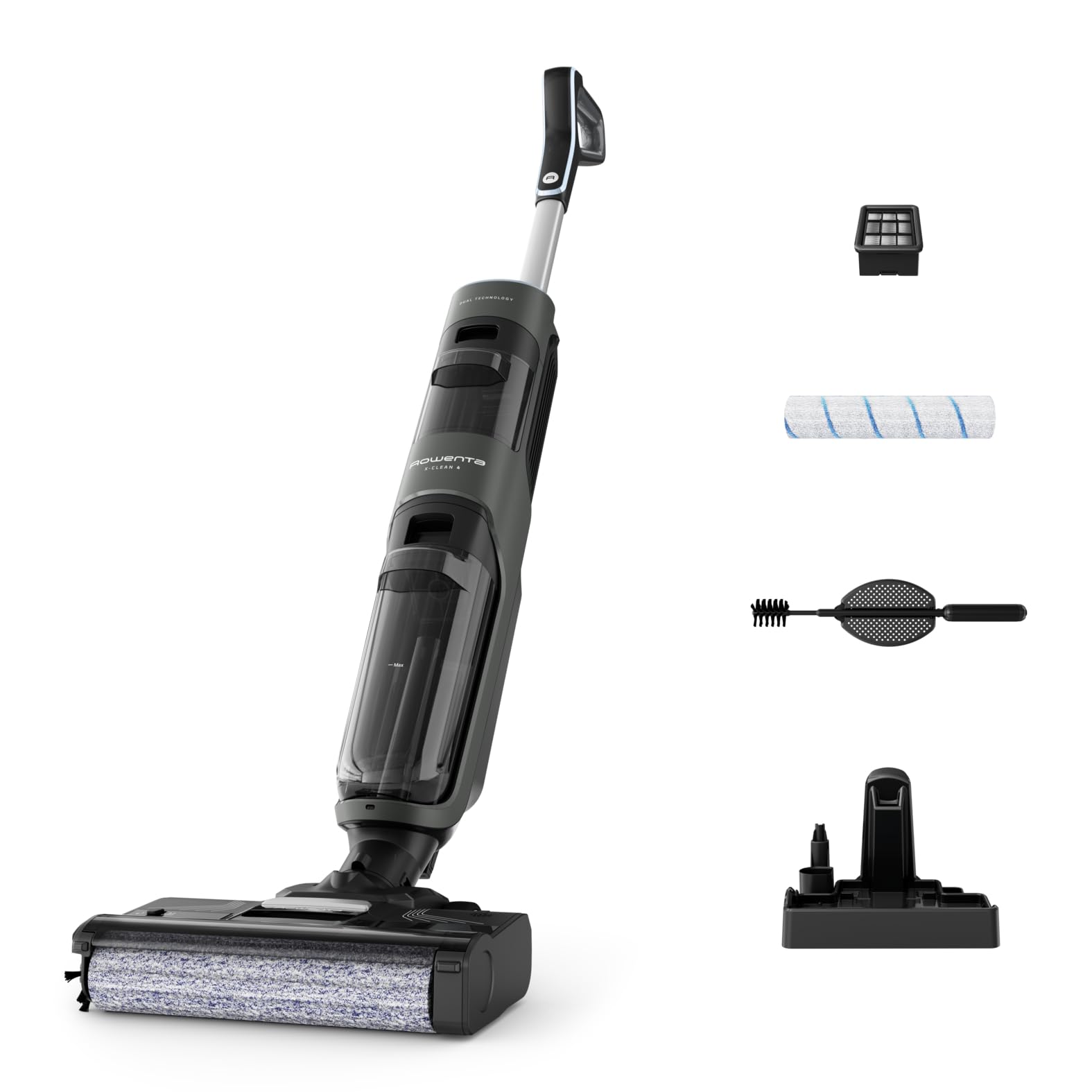 Rowenta X-Clean 4 kabelloser Nass- und Trockenstaubsauger, 2-in-1 Reinigung, 50 Min. Leistung, intelligente Schmutzerkennung, Selbstreinigungssystem, Dunkelgrau, GZ5037WO