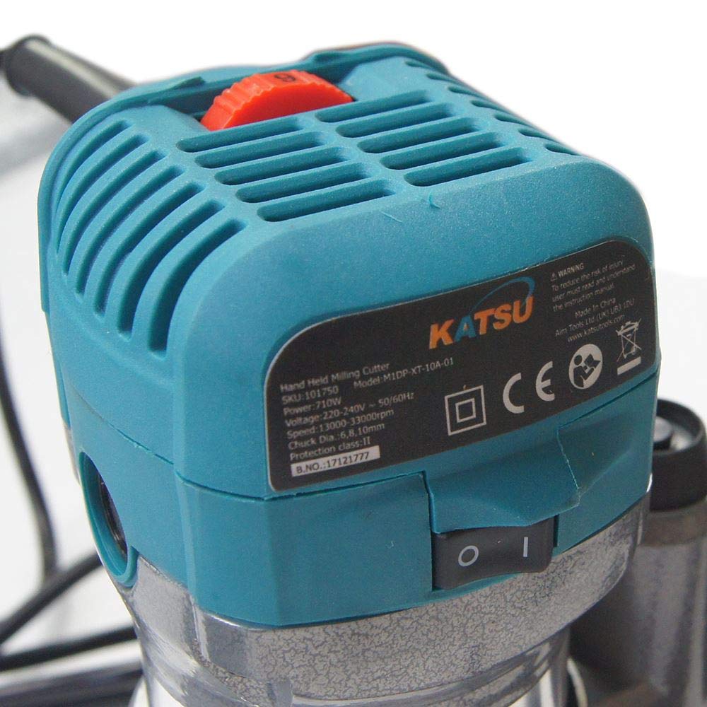 KATSU Electric Hand Holz Oberfräse Kantenfräse Set 220V 710W mit 3 Basen + 3 Spannzangen 6mm, 8mm und 10mm