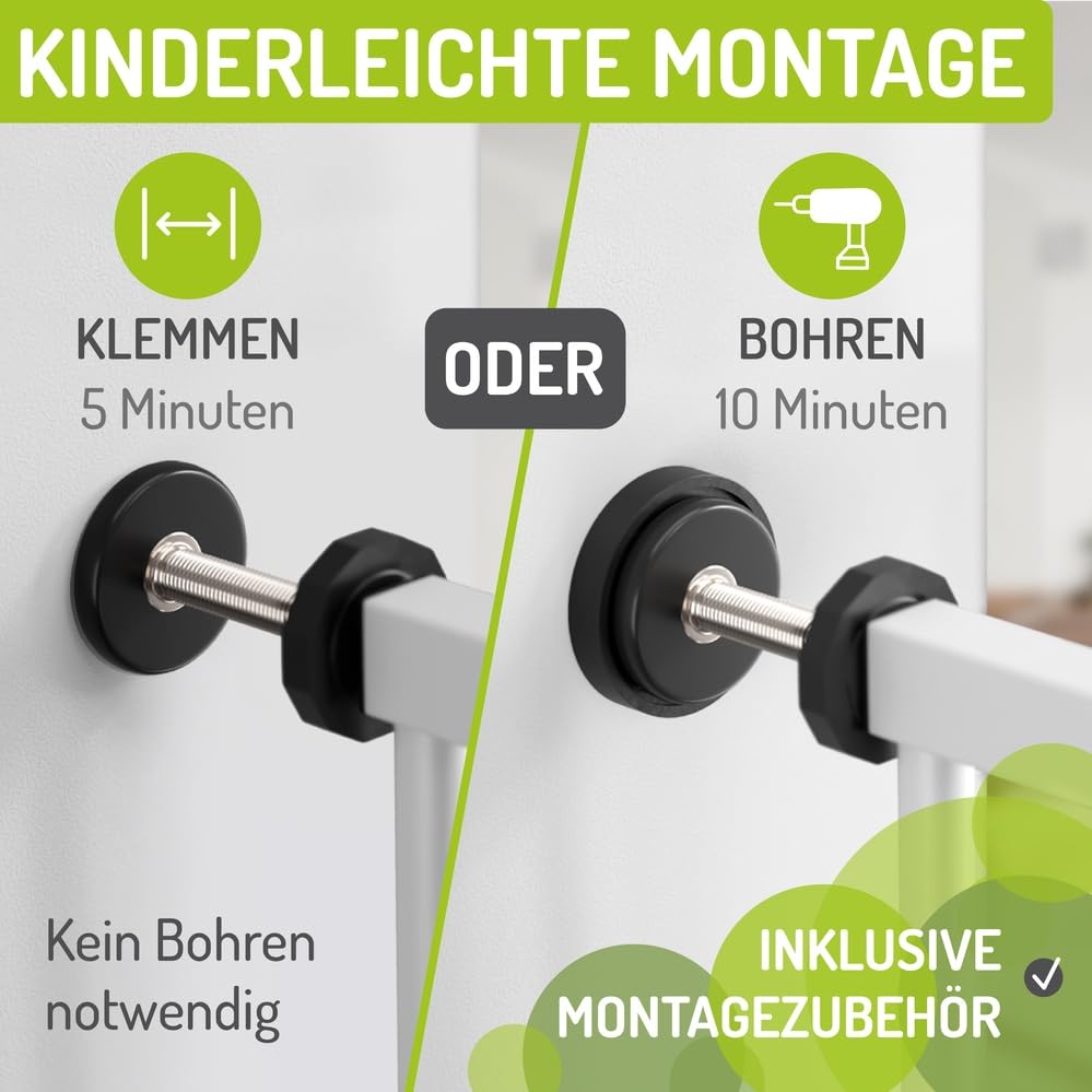 BOMI TÜV GS Siegel Türschutzgitter Merle | Zum Klemmen | 90° Stop | Schließt automatisch | Tuerschutzgitter weiß Metall Selbstschließend | Treppengitter zum Klemmen für Baby | Breite: 95-103 cm