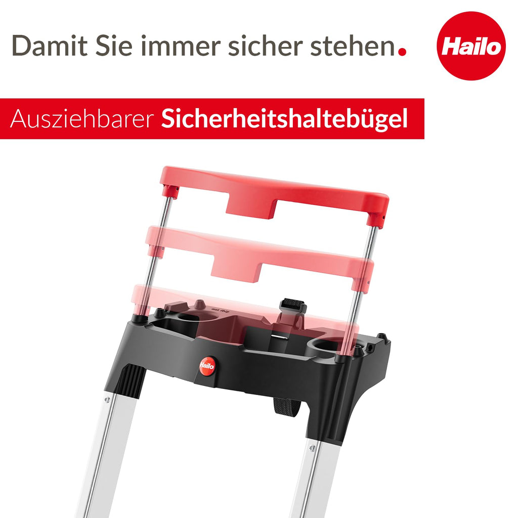 Hailo L85 ComfortLine Alu-Sicherheits-Stehleiter | 5 XXL-Stufen belastbar bis 150 kg | Tiefe Standfläche & Haltegriff |Stehleiter mit Ablage | Aluleiter Made in Germany | Leiter rostfrei | Silber