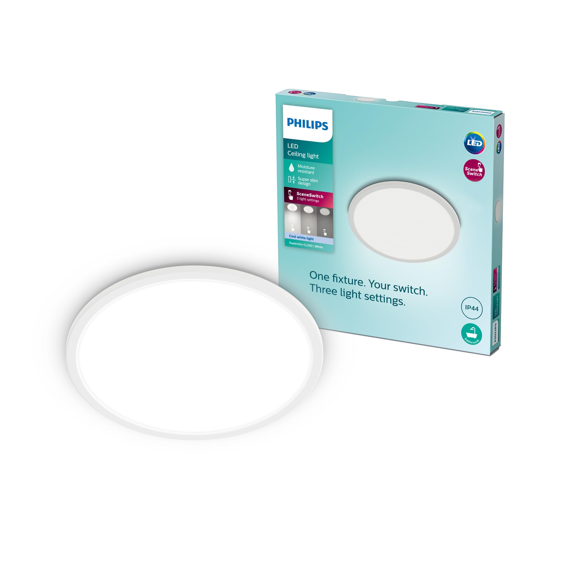 Philips LED Badezimmer Deckenleuchte Superslim (15 W), 3 Lichteinstellungen, kaltweiß Licht, dimmen ohne Dimmer, IP44 Schutz, weiß, 25cm