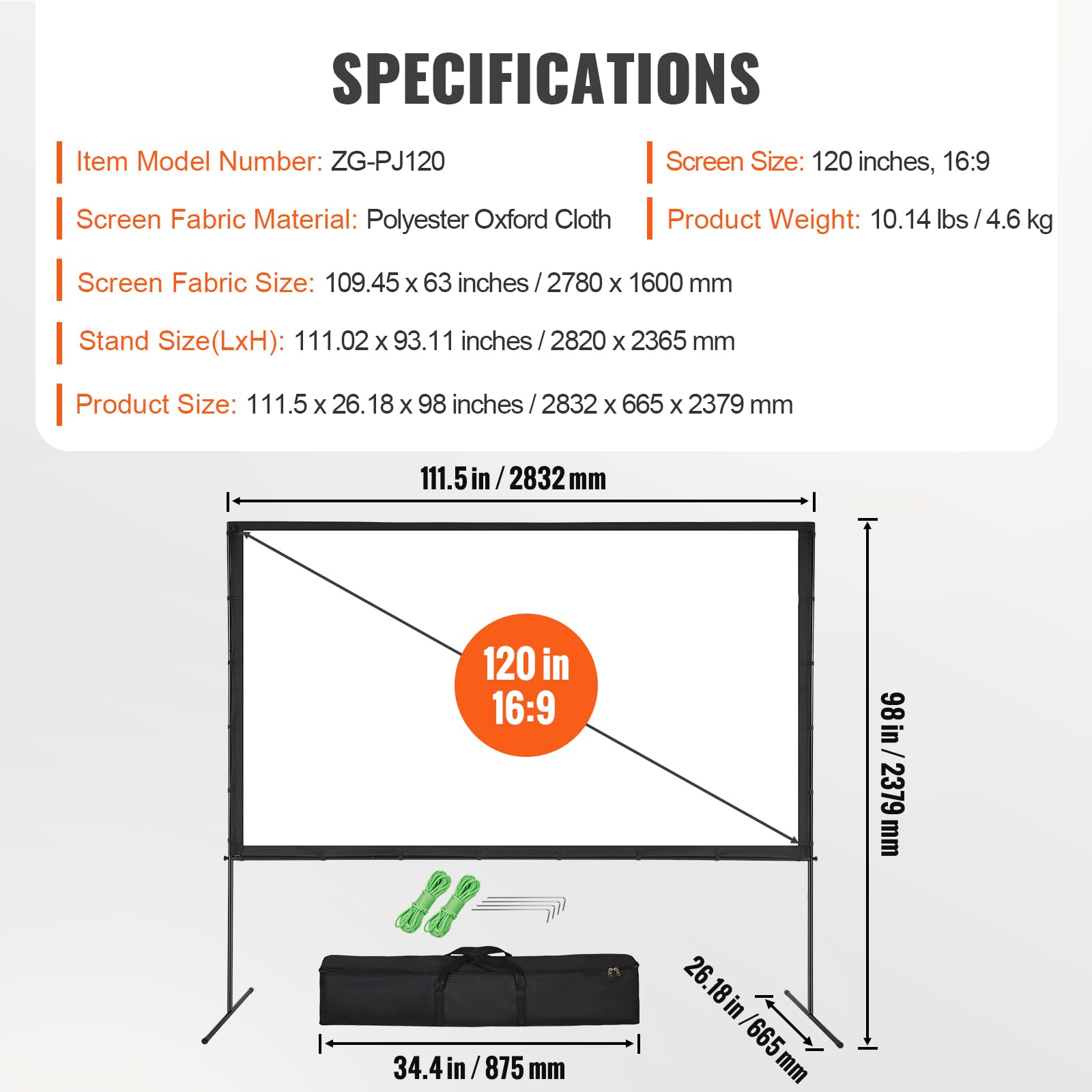 VEVOR Projektion Beamer Leinwand mit Ständer 120 Zoll HD 4K Outdoor Indoor Projektor Screen Schnelles Klappbare Tragbare Filmleinwand 16: 9 für Heimkino, Camping, Freizeitveranstaltungen usw. Schwarz