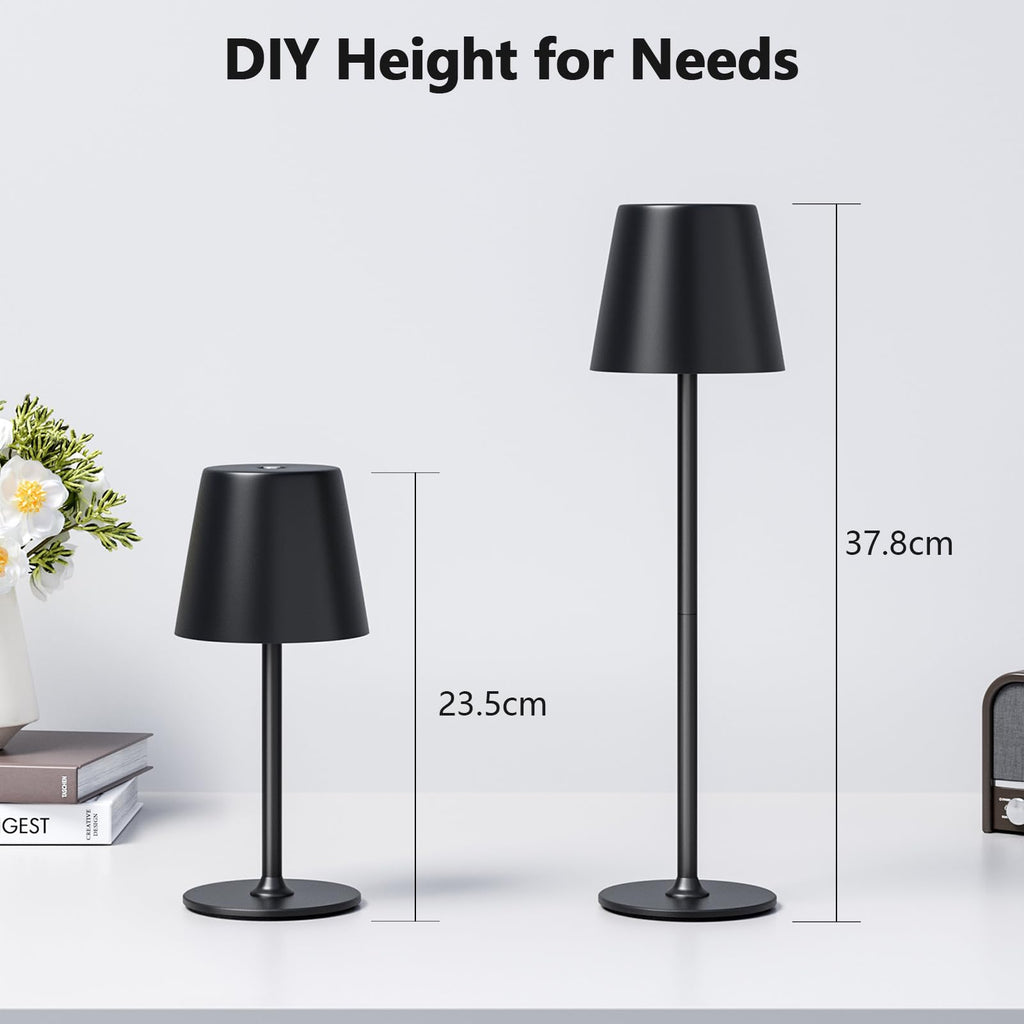 UPXNBOR LED Tischlampe Kabellos 2 Stück, Dimmbare Nachttischlampe Touch, Akku Tischleuchte Kabellos, Indoor Outdoor Tischlampe Akku, 3-stufig Warmlicht, IP54 Wasserdicht, Vollmetallgehäuse, Schwarz