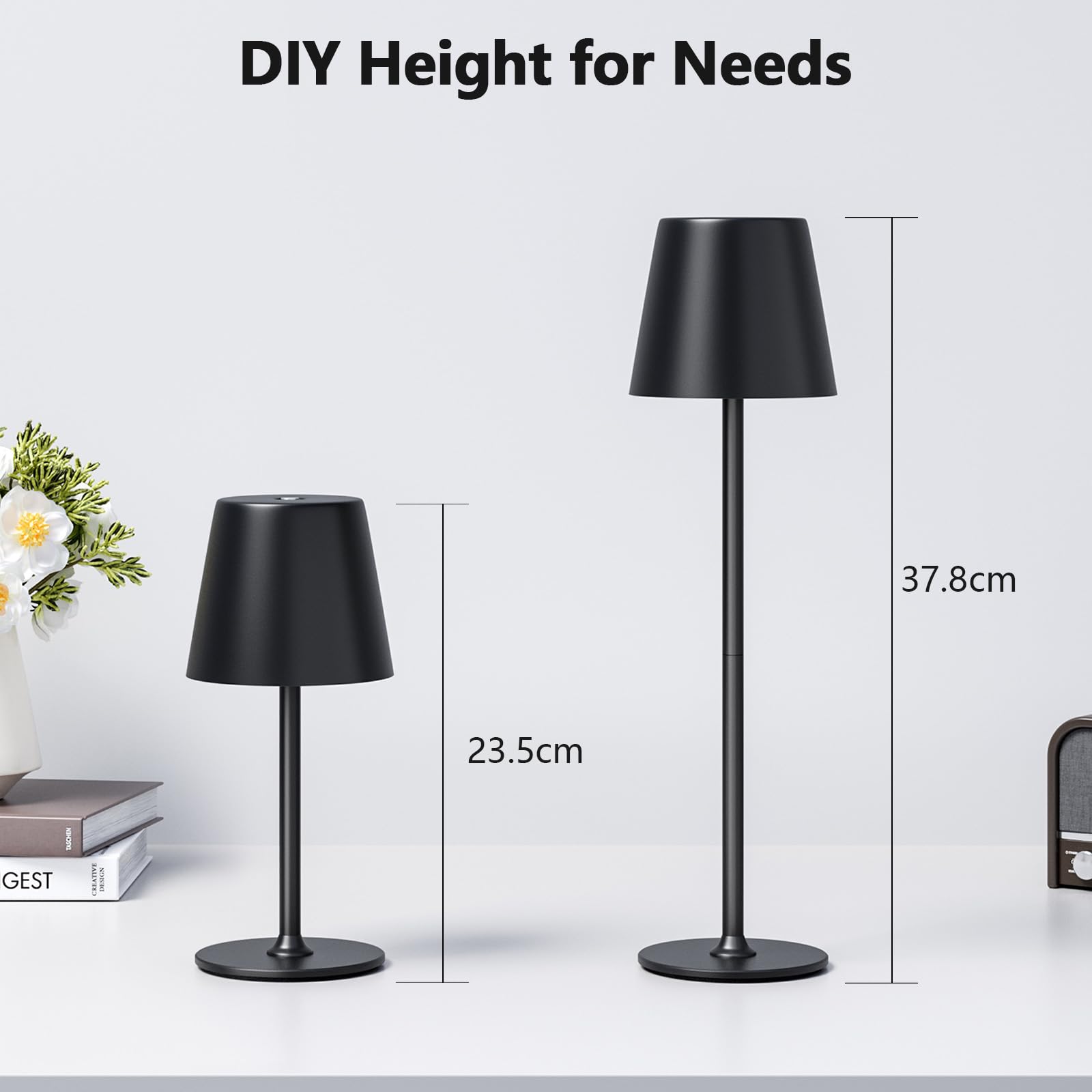 UPXNBOR LED Tischlampe Kabellos 2 Stück, Dimmbare Nachttischlampe Touch, Akku Tischleuchte Kabellos, Indoor Outdoor Tischlampe Akku, 3-stufig Warmlicht, IP54 Wasserdicht, Vollmetallgehäuse, Schwarz