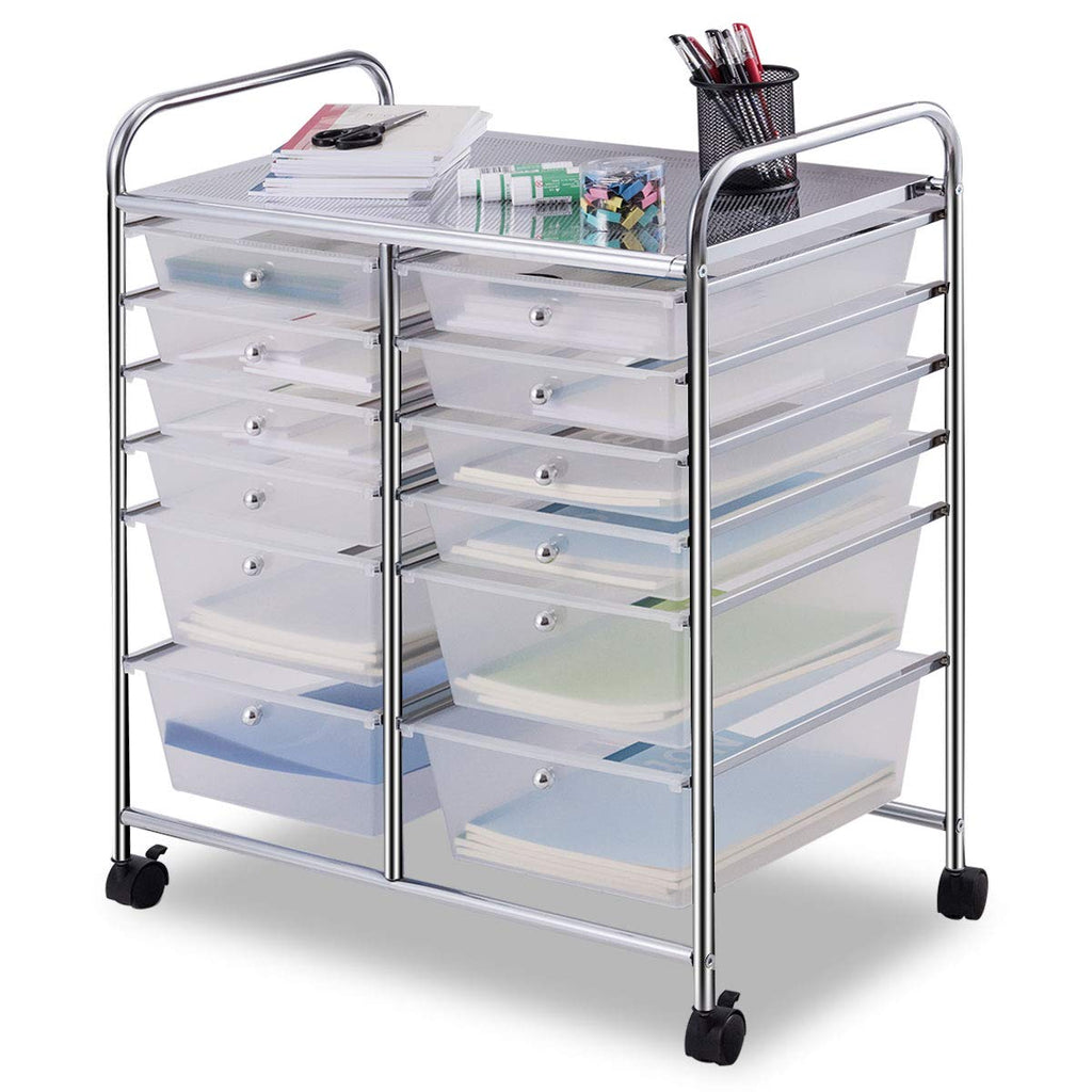COSTWAY Rollwagen mit 12 stapelbaren Schubladen, Schubladenwagen Rollcontainer mit Metallgestell und Ablagefläche, Badrollwagen Aufbewahrungswagen für Büro, Wohnzimmer (Transparent)