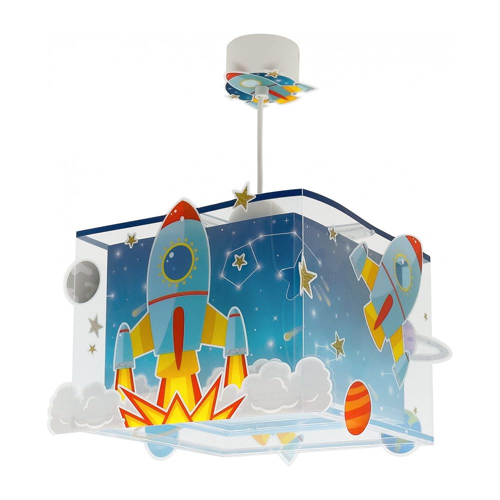 Dalber Lampe kinderzimmer, kinderlampe Pendelleuchte Hängelampe, Deckenleuchte Kinder, Deckenlampe kinderzimmer Rocket Raum Rakete Sonnensystem, 63352, E27, Blau