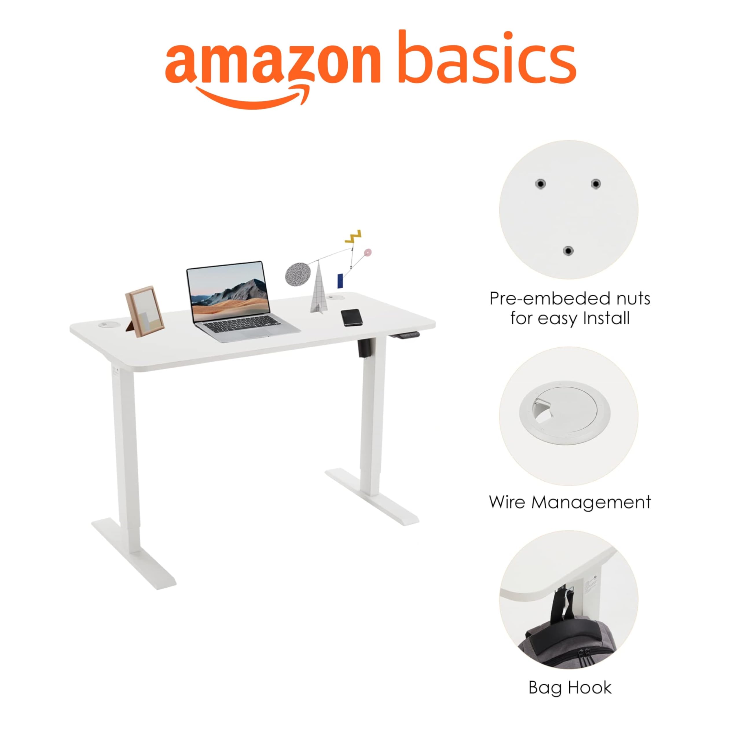 Amazon Basics Sitz-Steh-Schreibtisch, elektrisch höhenverstellbar, 120 x 60 cm, ergonomisch, mit einfacher Bedienung, Tischplatte und Rahmen in Weiß