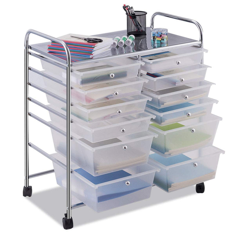 COSTWAY Rollwagen mit 12 stapelbaren Schubladen, Schubladenwagen Rollcontainer mit Metallgestell und Ablagefläche, Badrollwagen Aufbewahrungswagen für Büro, Wohnzimmer (Transparent)