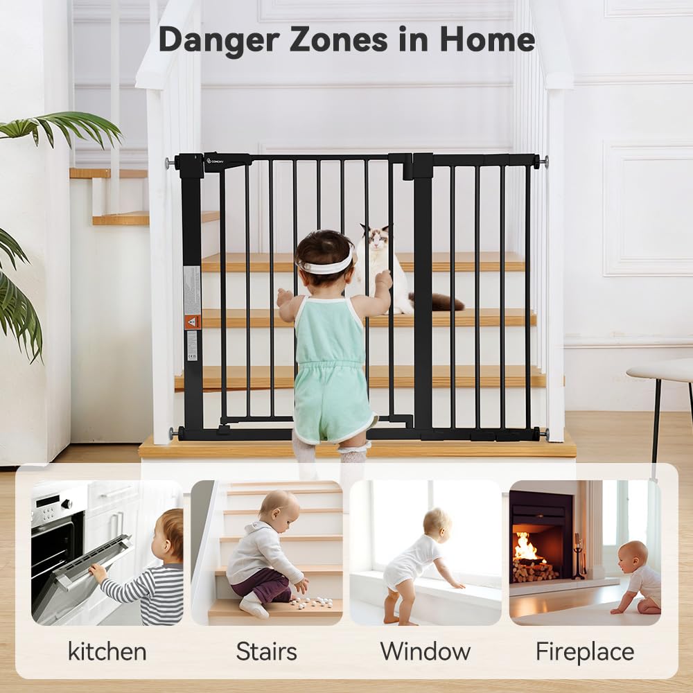 COMOMY 75 – 110 cm Sicherheitsbarriere für Kinder, Sicherheitsbarriere für Hunde, automatisches Schließen, Treppen und Türen ohne Bohren, breites Metallgitter mit Verlängerung (76 cm H, schwarz)