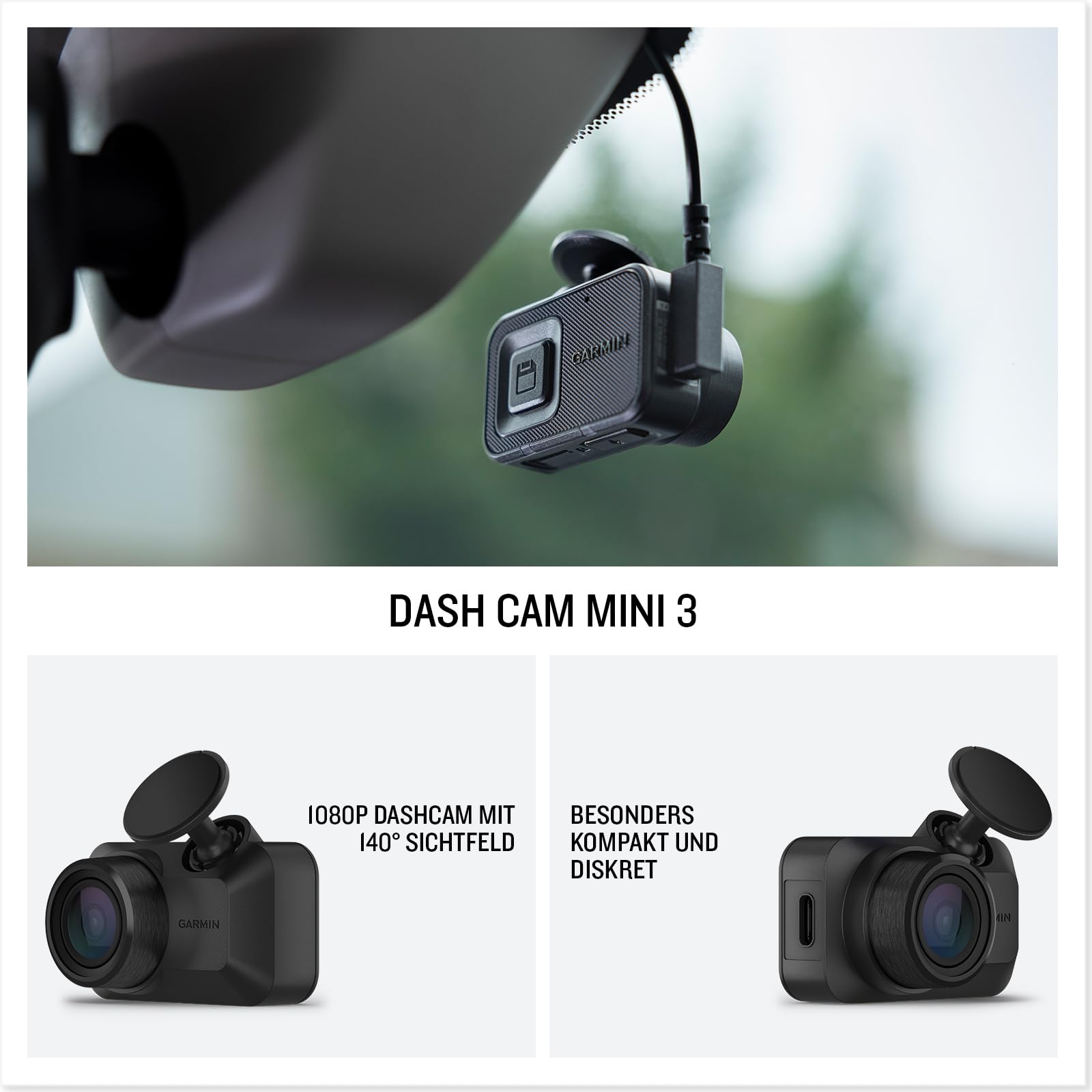 Garmin Dash Cam™ Mini 3 - kleine Dash Cam mit 1.080p HD-Auflösung, 140° Bildwinkel, Garmin Clarity Polfilter und automatischer Unfallerkennung