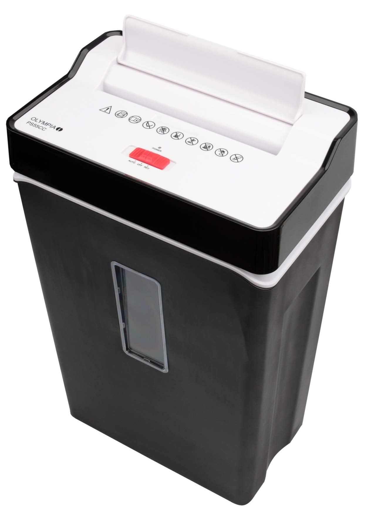 Olympia PS 55 CC Profi Aktenvernichter (mit Partikelschnitt, Sicherheitsstufe P4, Kreditkarte, 10 Blätter 80 g/m², Papierschredder fürs Büro, Papiervernichter, Reißwolf mit Papierkorb, Sichtfenster)