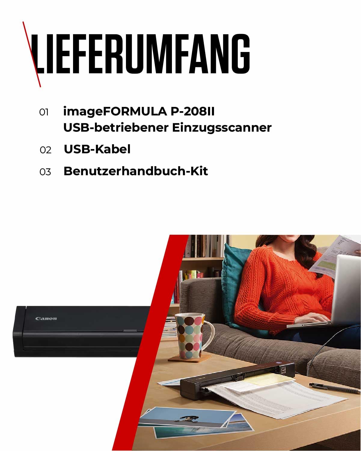 Canon P-208II - imageFORMULA Mobiler Dokumentenscanner (Duplex DIN-A4 Einzug, Farbe, 600dpi, 8 Seiten/Min, 10 Blatt ADF, PDF durchsuchbar, OCR, Plug & Scan, Twain, schwarz)