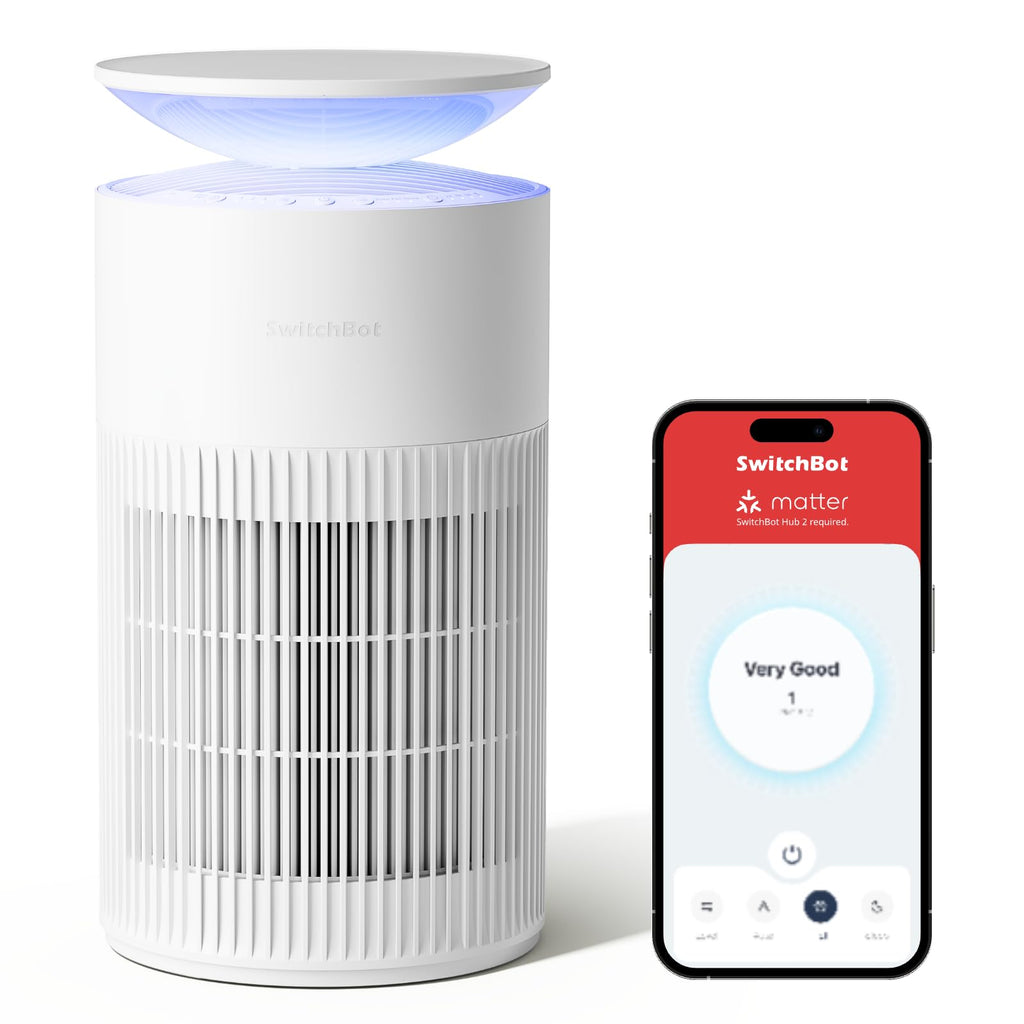 SwitchBot Luftreiniger mit App-Steuerung und Nachtlicht, CADR 400m³/h bis zu 83㎡ Zimmer, HEPA-Filter entfernt 99,97% Schimmel Staub Pollen, 20dB Schlafmodus, Haustiermodus für Familien mit Haustieren