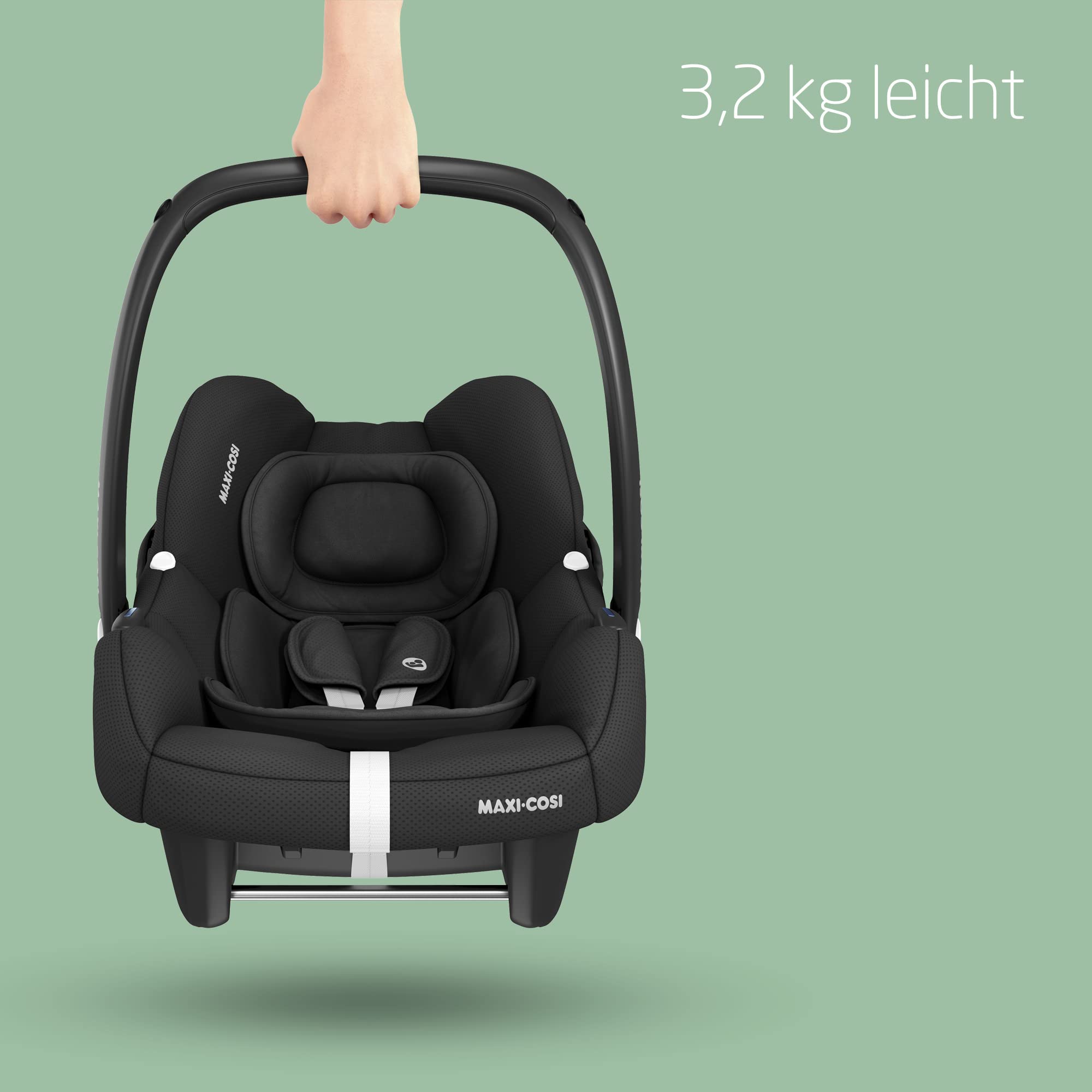 Maxi-Cosi CabrioFix i-Size, Babyschale, 0–12 Monate, max. 12 kg, leichter i-Size Kindersitz (3,2 kg), Sonnenverdeck, gepolsterter Sitz, für viele Maxi-Cosi Kinderwagen, Essential Black