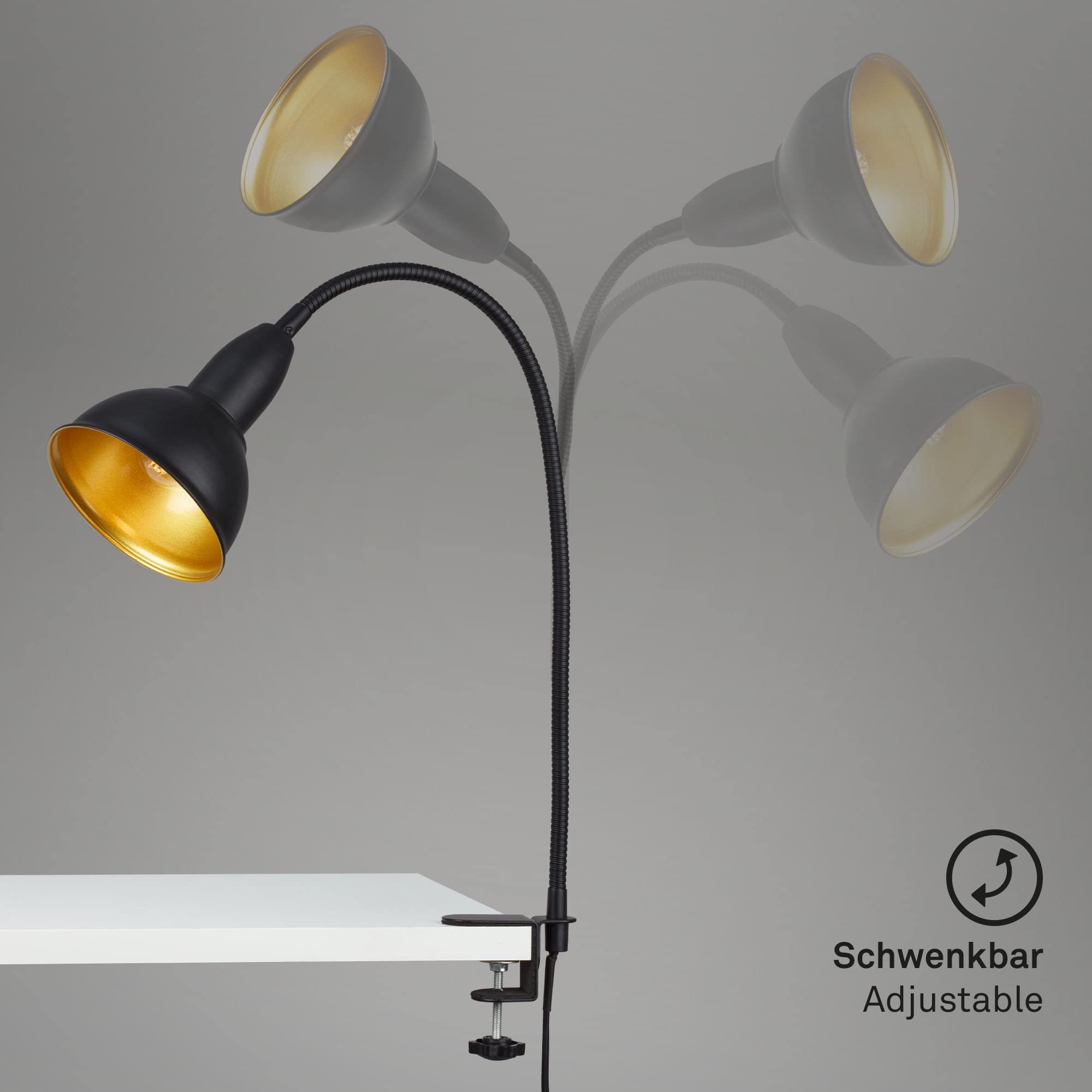 BRILONER - Retro Klemmleuchte, Leselampe inkl. Flexarm, inkl. An- Ausschalter, Schwenkbar, 1x E14, max. 25 Watt, Bürolampe, Schlafzimmerlampe, Kinderzimmer, Leseleuchte, Metall, Schwarz-Gold