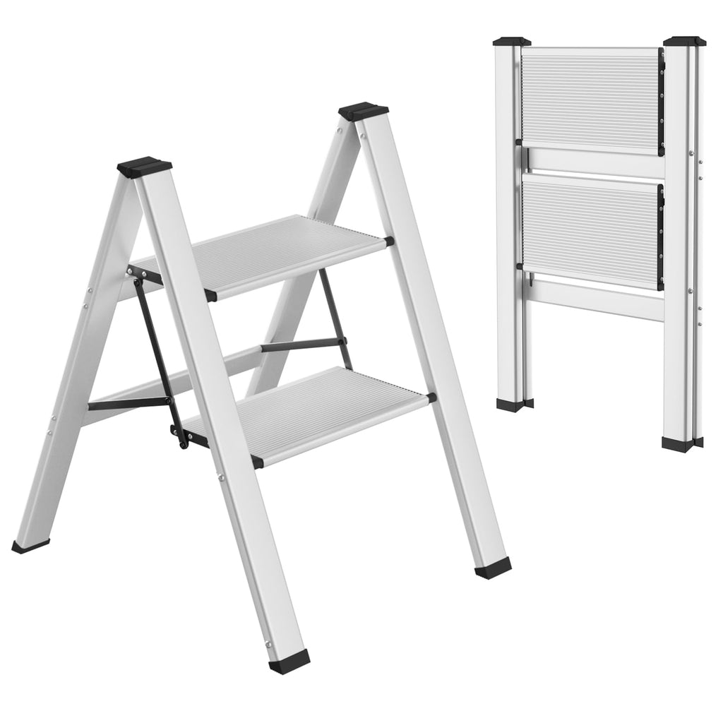 TLGREEN Alu Trittleiter 2-Stufen-Leiter Klappleiter Rostfeste rutschfeste Stehleiter Haushaltsleiter Multifunktionale Tritthocker Licht Platzsparend bis 150kg Belastbar für Küchen Haushalt Außen Büro