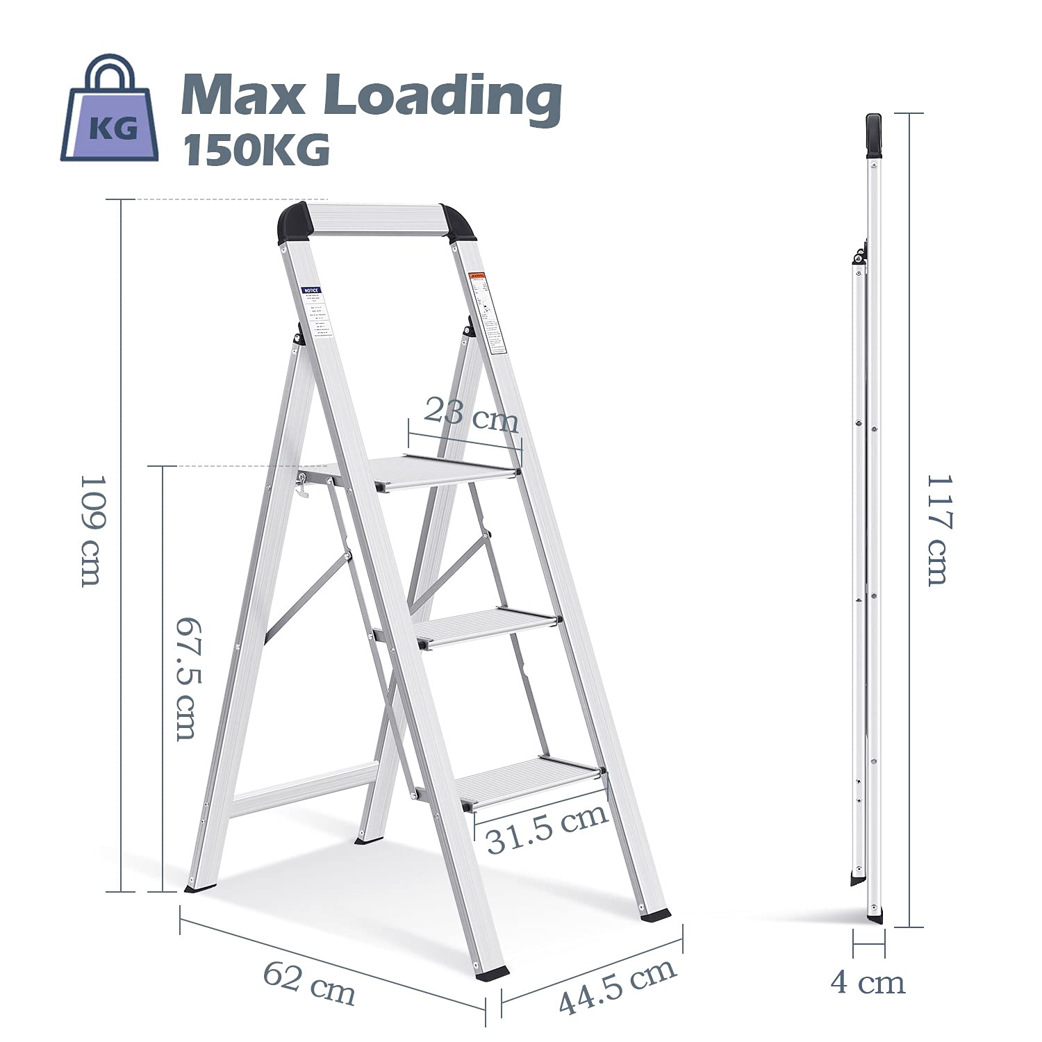 KINGRACK Leiter Aluminium, Trittleiter 3 stufen klappbar, leiter 3 stufen mit Handlauf Belastbar bis 150 kg, rutschfeste Haushaltsleiter mit Klappsicherung, Aluleiter für Zuhause, Büro, Garten, Silber
